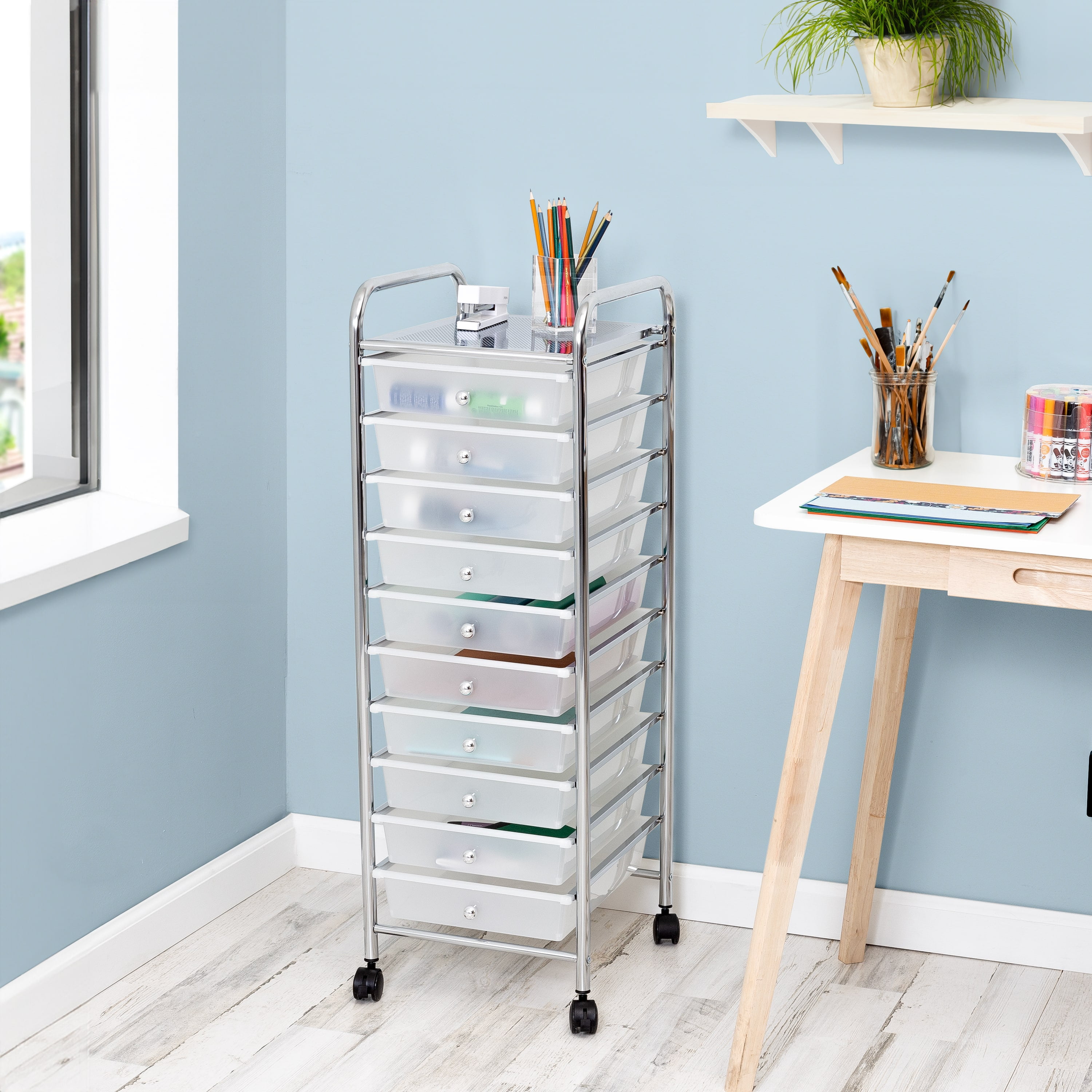 Hello Hobby 10-Drawer Rolling Craft Cart, Mobile Storage Organizer with Locking Wheels (Clear/Chrome, 15.31 in L x 12.6 in W x 38.1 in H) k0lp3