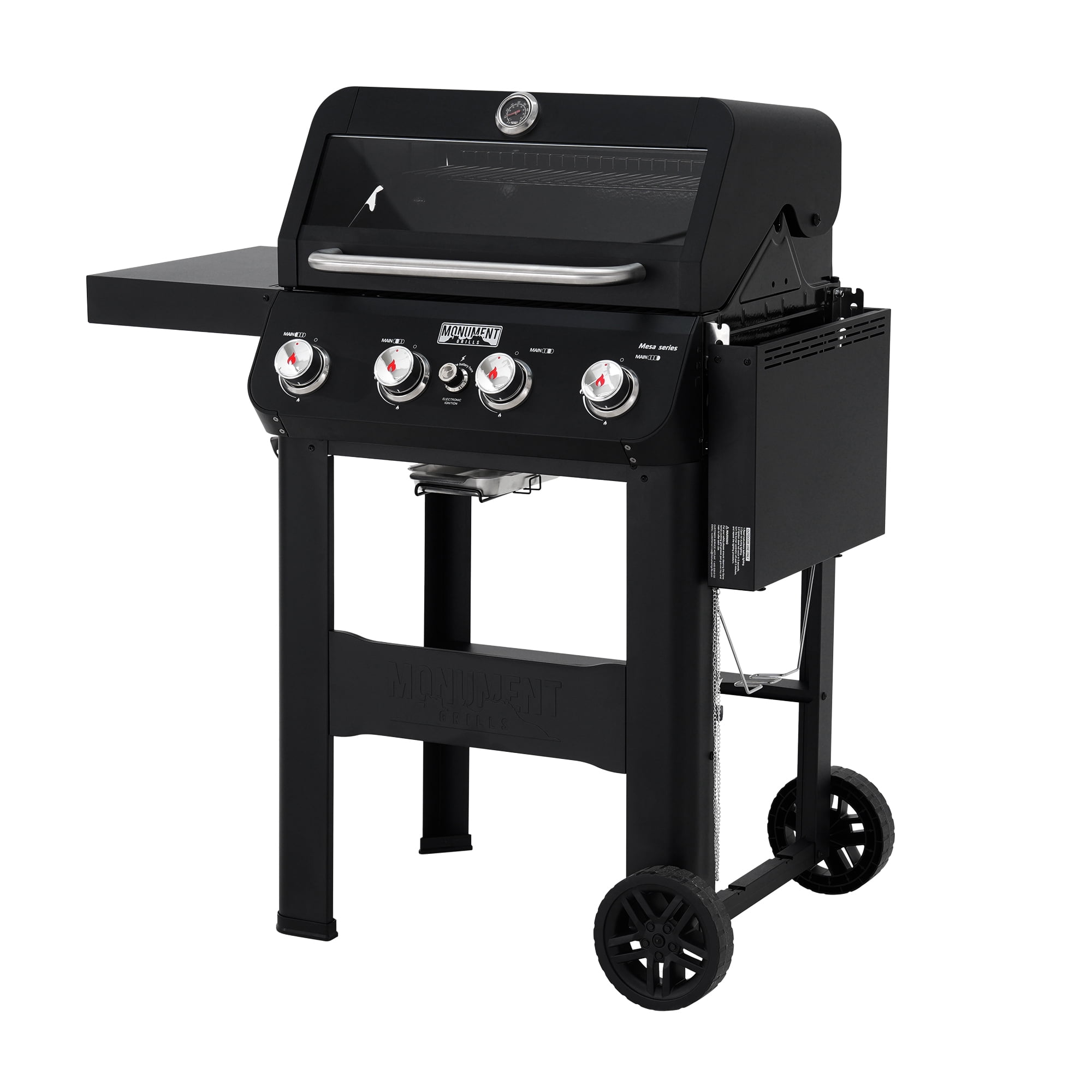 Monument Grills 4-Burner Liquid Propane Gas Grill, Stainless Steel Outdoor BBQ with Clearview Lid and Foldable Side Shelf (Black, 570 sq. in.) is2t4