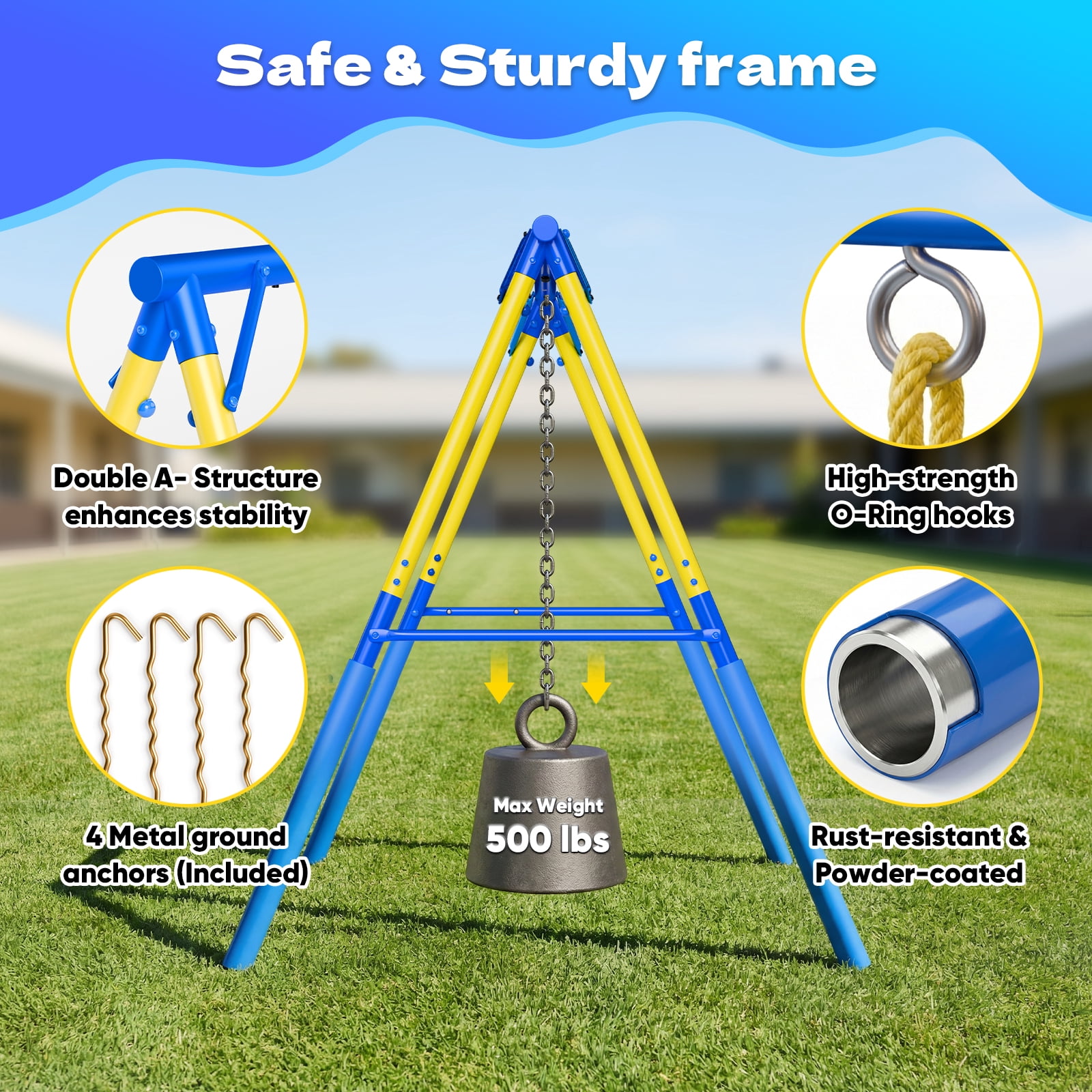 Fashionsport Outfitters Heavy-Duty Outdoor Metal Swing Set with Saucer Swing, Belt Swing, and Trapeze Rings (Yellow, 500 lb Capacity) 0b4sk