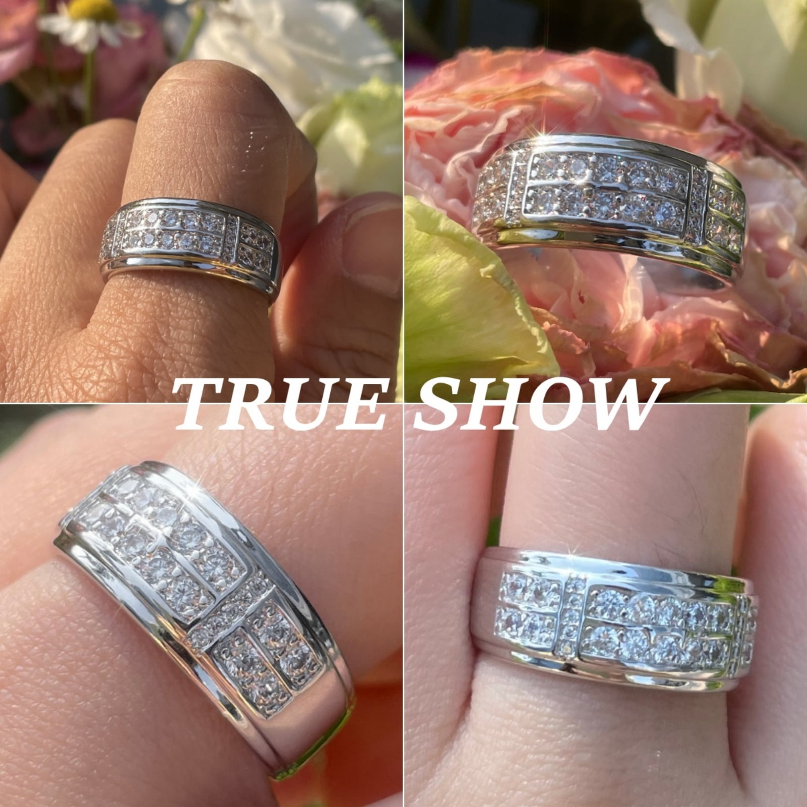 SFTING Men Wedding Band 925 Sterling Silver 2 Row Round Cut 5A CZ Promise Ring (Silver, Size 9) 8yw2r