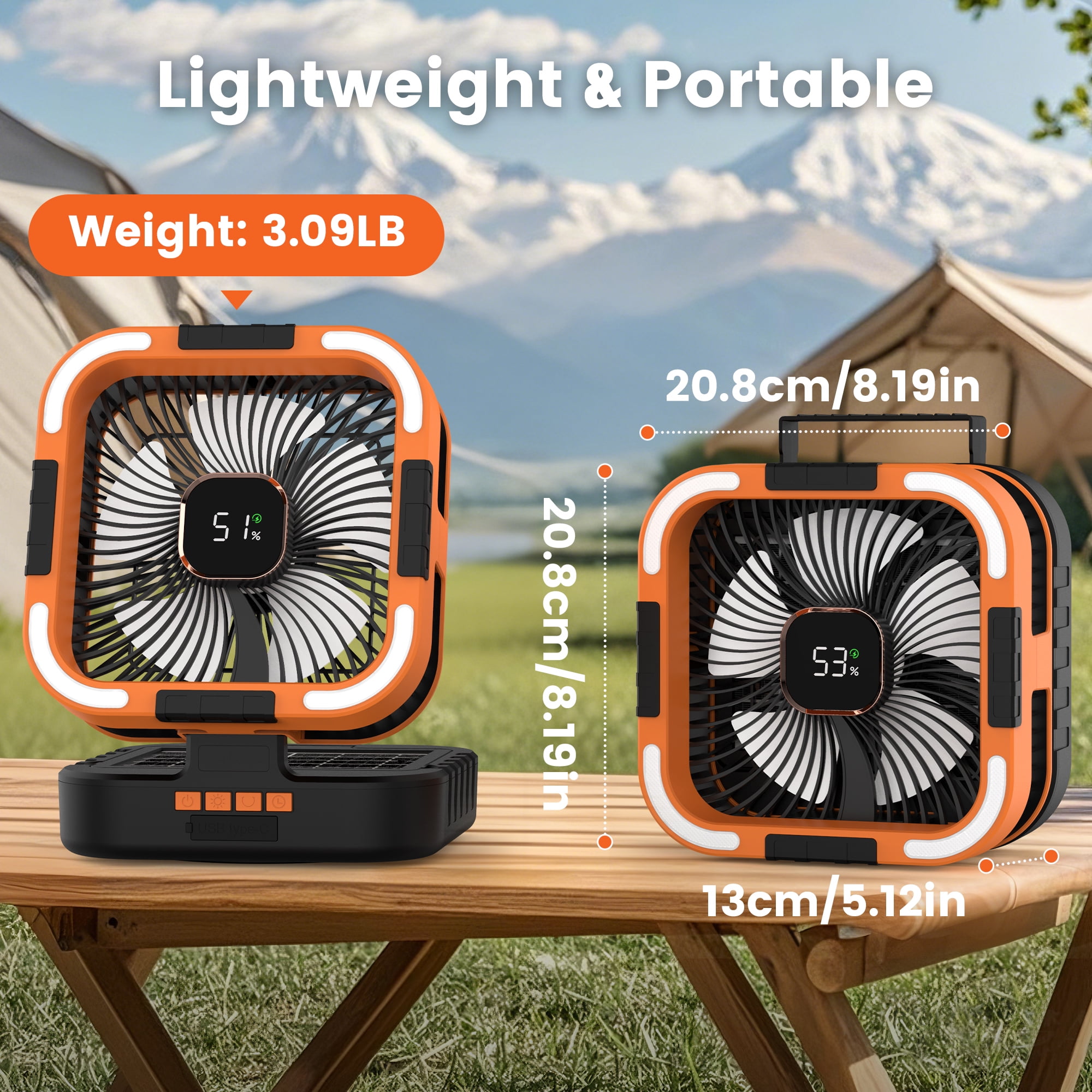 RUNACC Solar Camping Fan with LED Light, 10000mAh Rechargeable Portable Oscillating Fan (Orange, 10000mAh) 70k1h