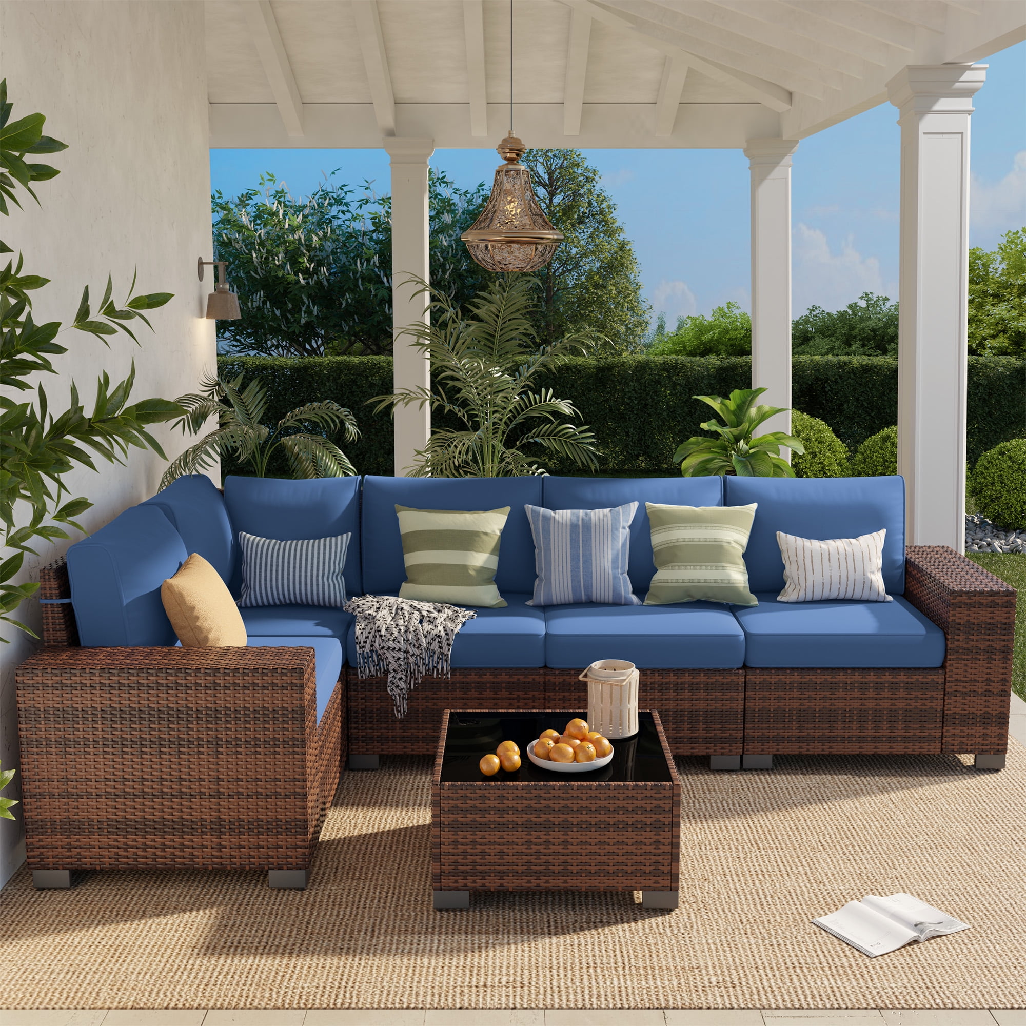 Poteban 6-Piece Outdoor Wicker Patio Furniture Set with Cushions (Brown and Blue, 6-Piece Set) 65mcb