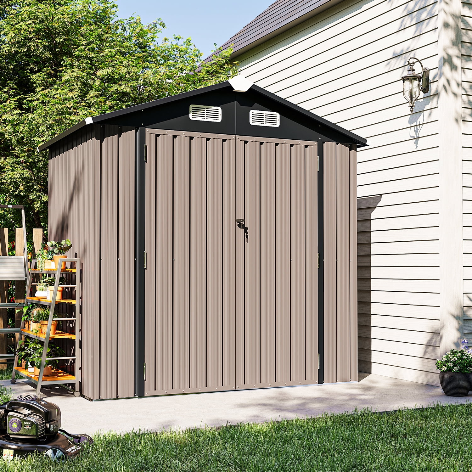 Sunmthink Outdoor Storage Shed, Galvanized Steel Tool Shed with Lockable Door and Vents (Brown, 6 ft x 4 ft) yl3su