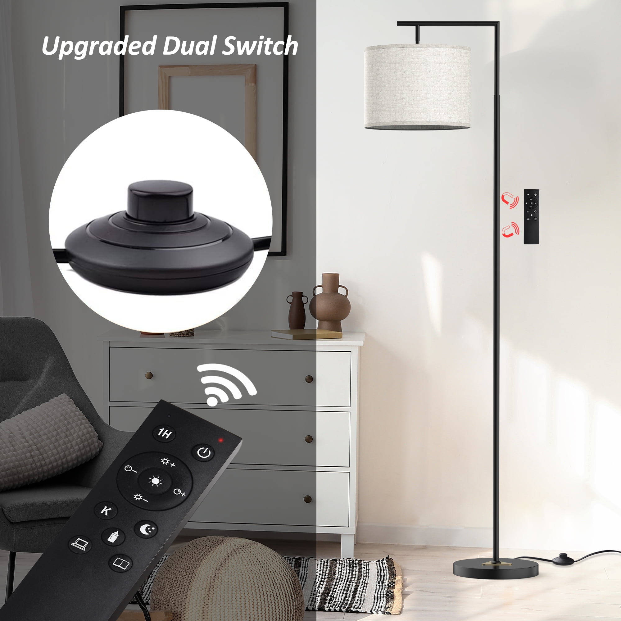 Jurulu Modern Arc Floor Lamp with Remote Control, Adjustable Linen Shade, Dimmable LED Standing Light (White, 61 in) cs74o