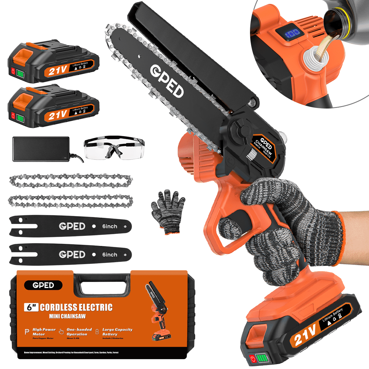 GPED Cordless Mini Chainsaw, 6-inch Electric Power Saw for Tree Trimming and Wood Cutting, Lightweight Handheld Tool with 2 Batteries (Orange, 6-inch) usdjn