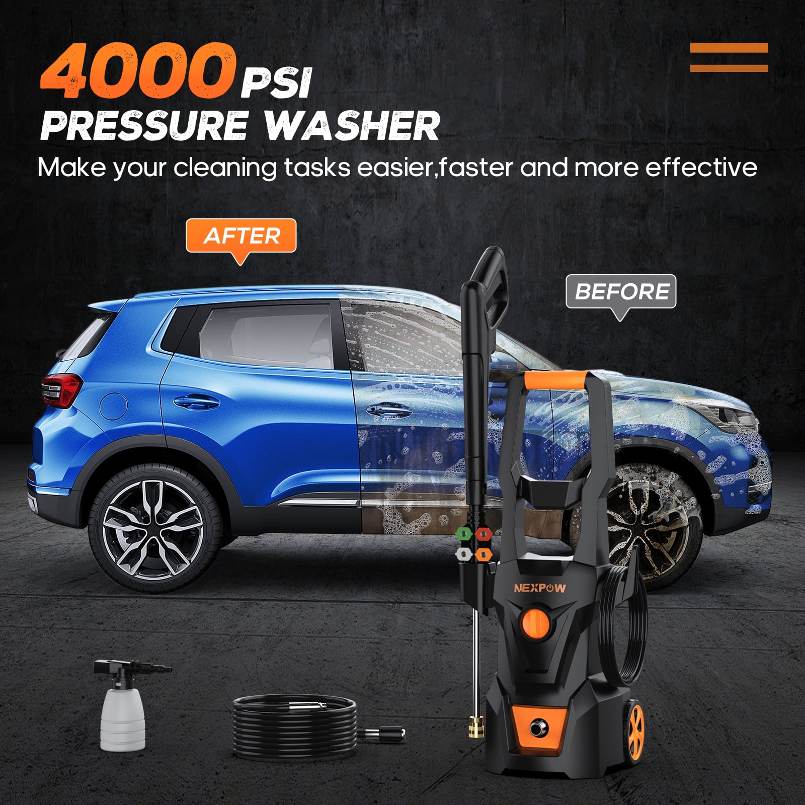 NEXPOW Electric Pressure Washer, 4000 PSI 2.6 GPM Power Washer with Foam Cannon and 4 Quick-Connect Nozzles (30 ft Hose) wyows
