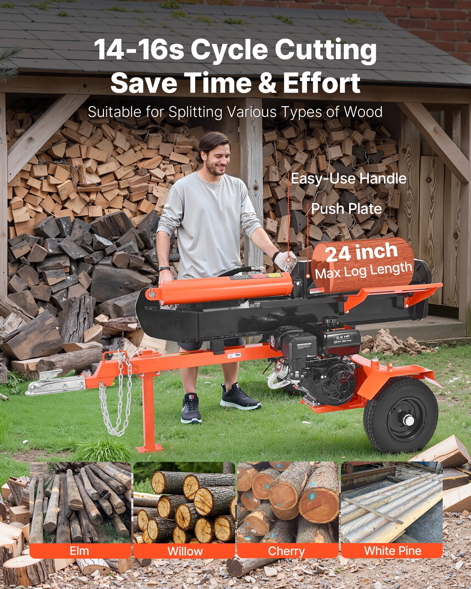 VEVOR 30 Ton Log Splitter, Gas Powered Wood Splitting Machine with 306cc Engine, Vertical & Horizontal Operation (Black, 24 in Max Log Capacity) pwvwp