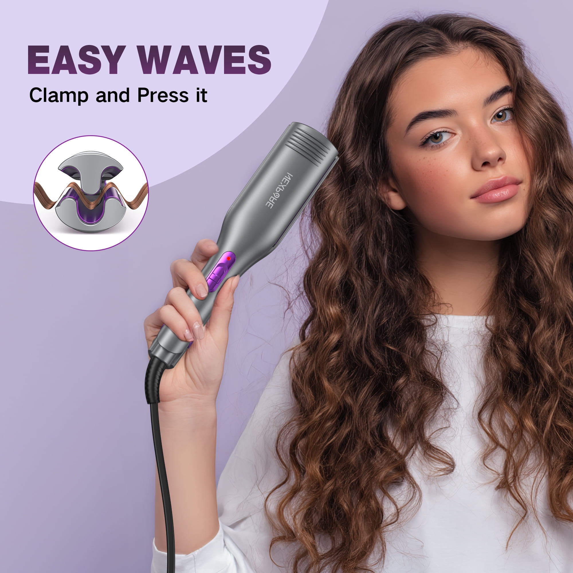 NEXPURE 3 Barrel Curling Iron Waver, Ionic Ceramic Hair Crimper Tool for Bouncy Waves (Purple, 0.8 in) a8bbv
