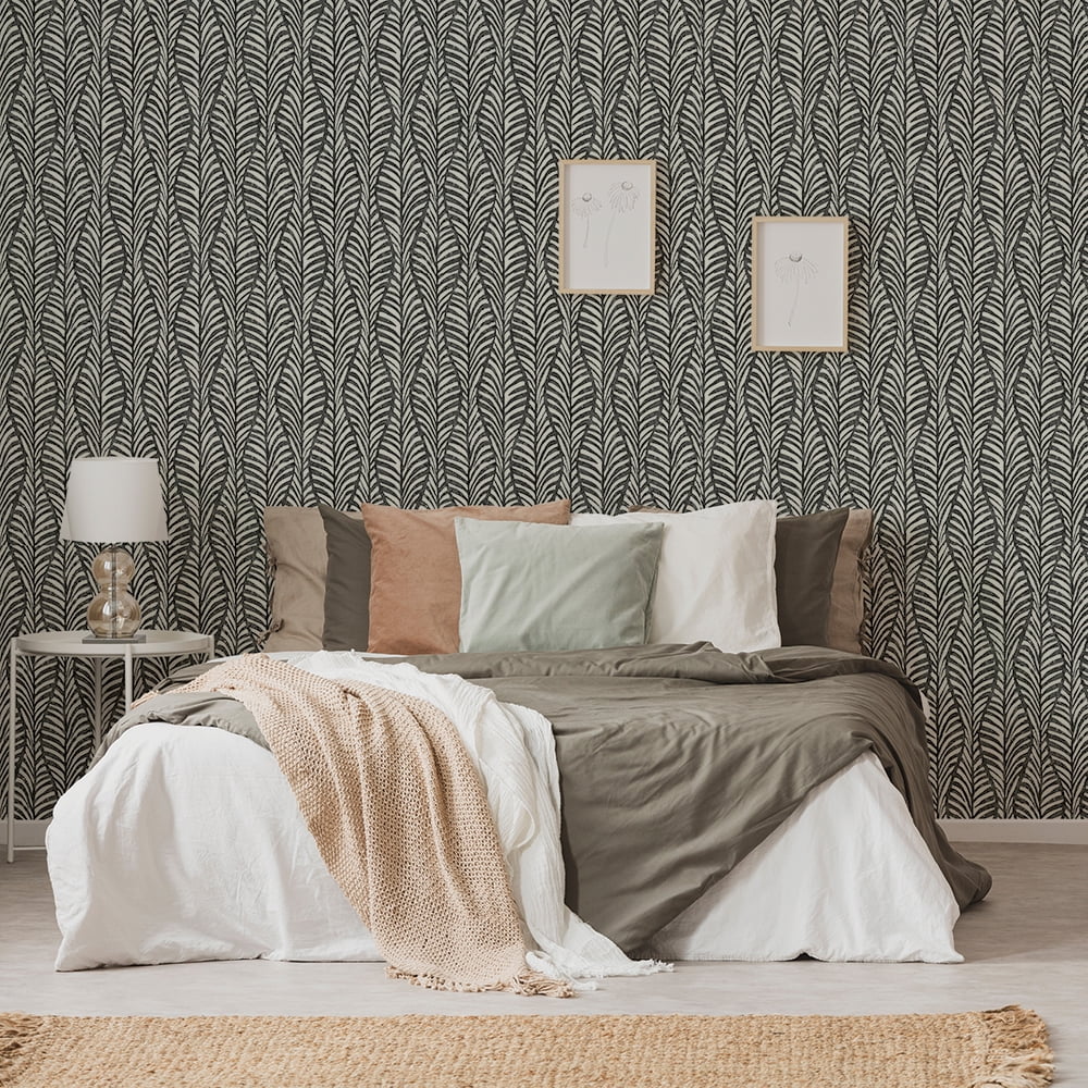 Tempaper Block Print Leaves Peel and Stick Wallpaper (Black, 20.5 in x 16.5 ft) vj2fh