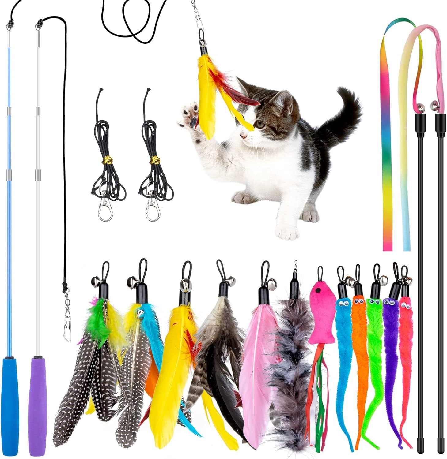 Oziral Interactive Cat Feather Toy Set, Retractable Wand with Assorted Teaser Refills (18 Pack) 8abd3