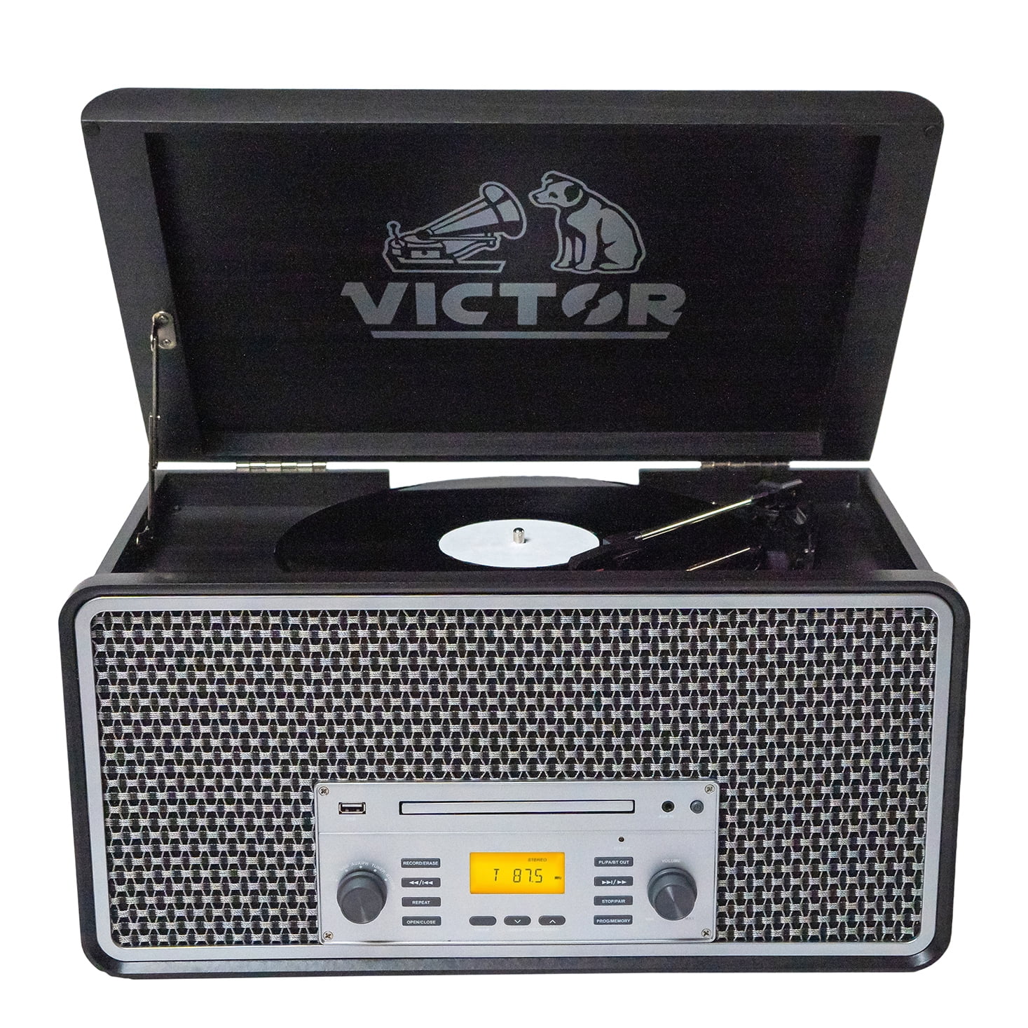 Victor 8-in-1 Music Center Record Player with Bluetooth, CD, Cassette, and AM/FM Radio (Graphite) uis0s