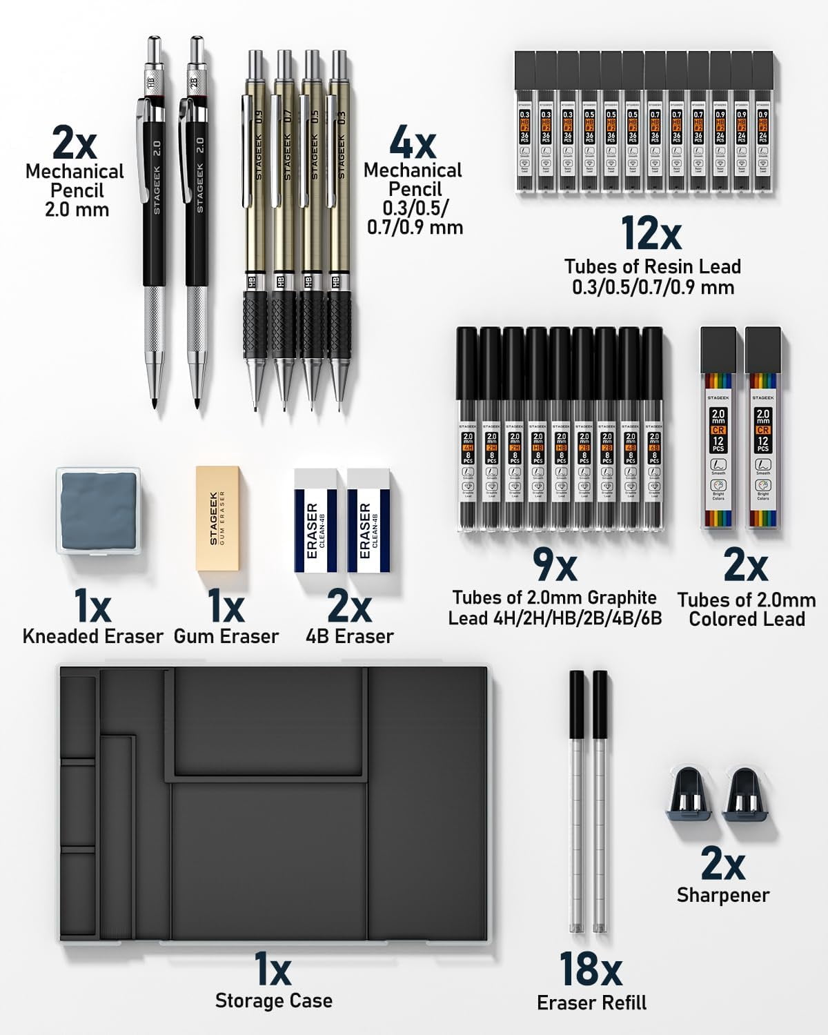 STAGEEK Mechanical Pencil Set for Drawing and Drafting, Professional Art Sketching Kit with 492 Lead Refills and Storage Case (Black, 37 Piece Set) u3el7