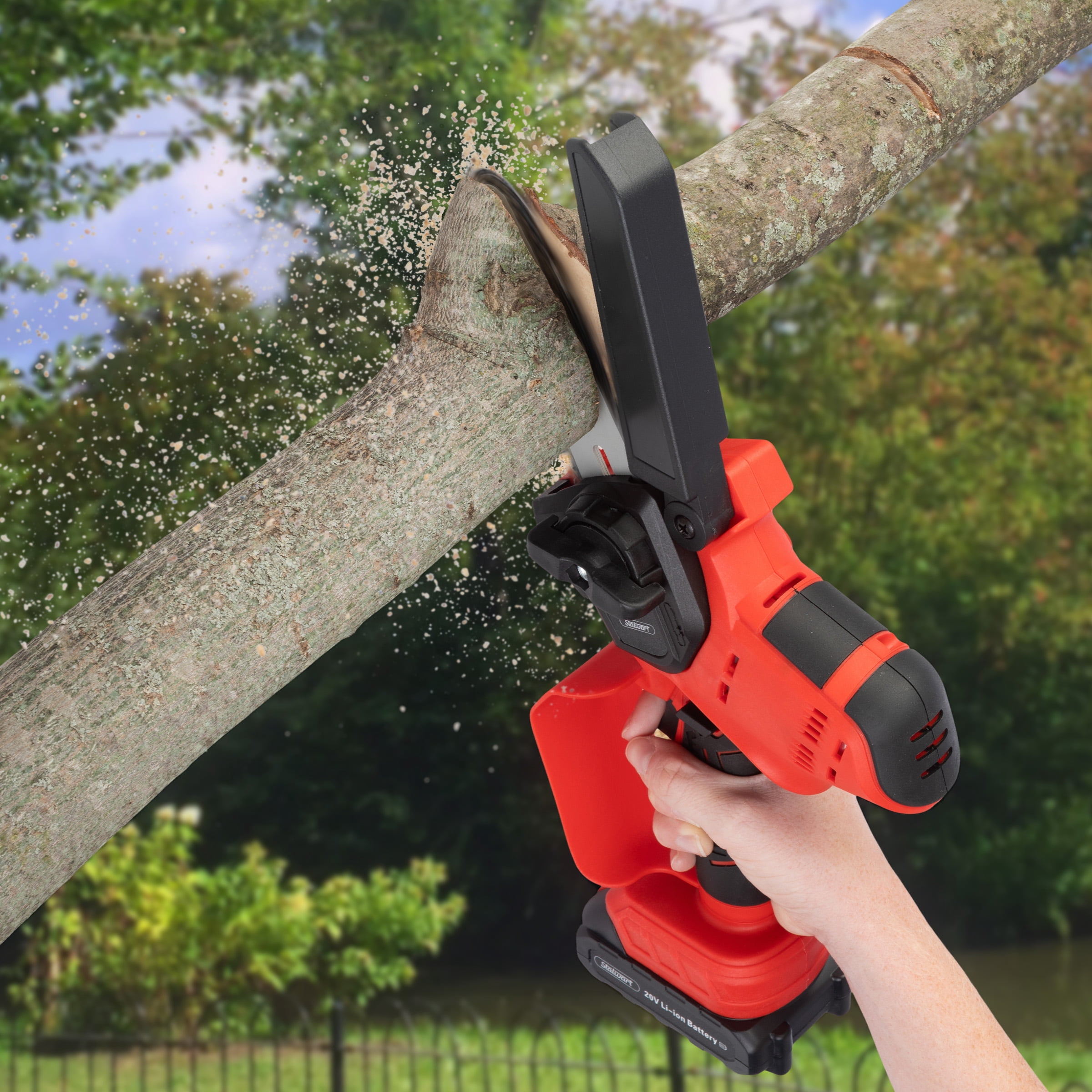 Stalwart 5-Inch Mini Chainsaw, Cordless Electric Power Tool with 20V Lithium Ion Battery (Red, 5.29 lb) 1478j