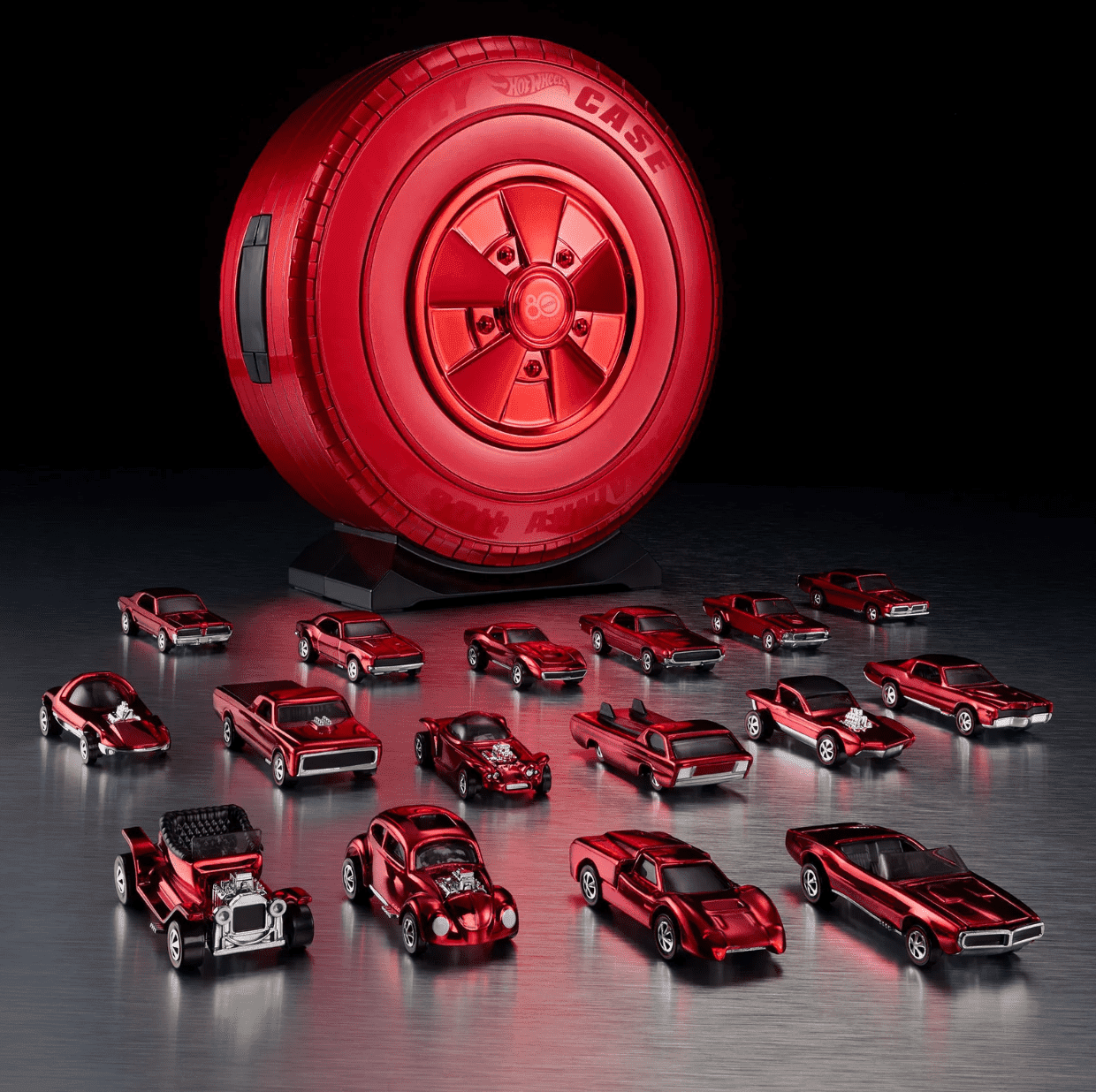 Hot Wheels 80th Anniversary Original 16 Rally Case Set (Red, 1:64 Scale) t9qvz