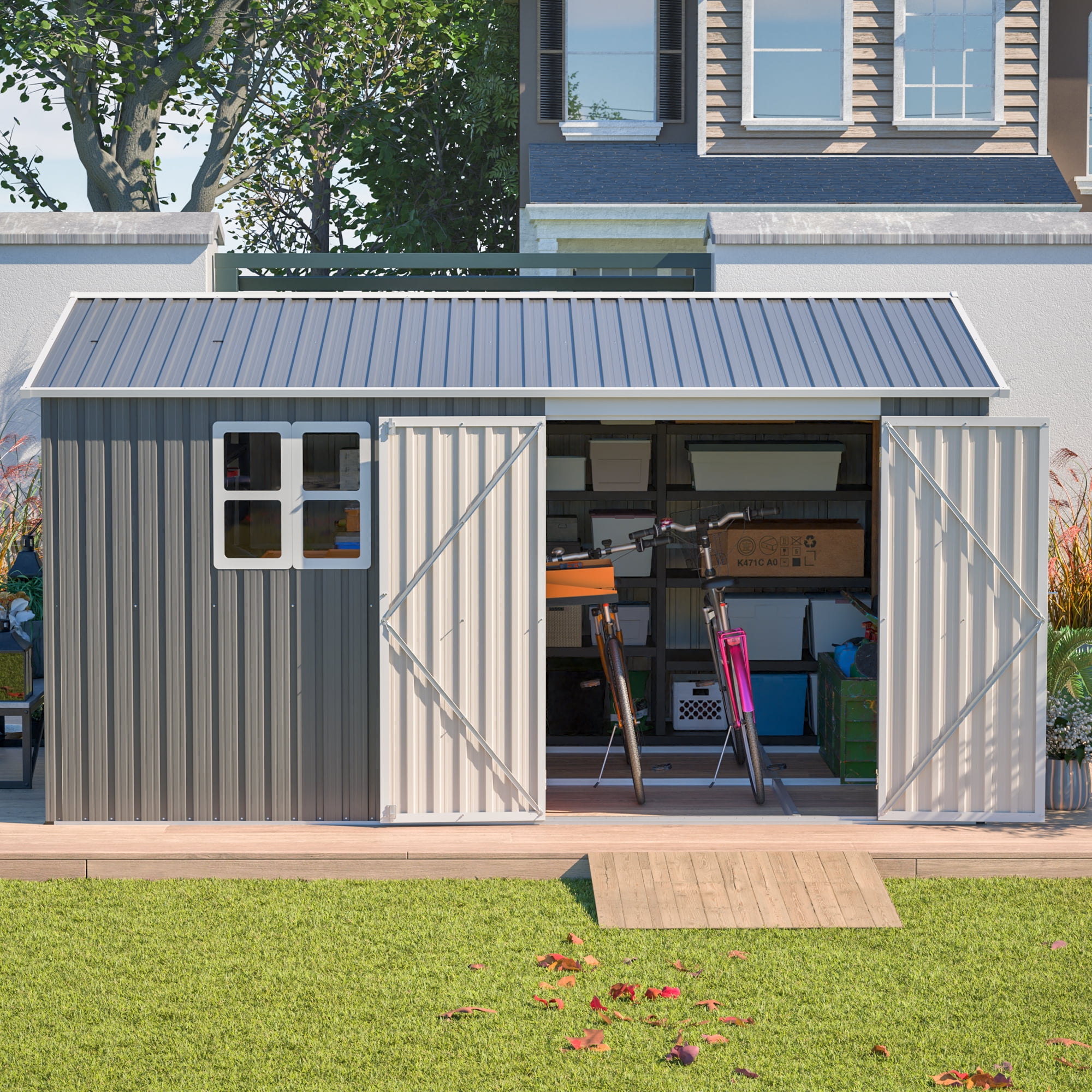LZBEITEM 12 ft x 10 ft Outdoor Storage Shed with Floor Frame and Window (Gray) 137l9