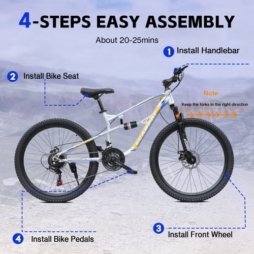 Harmie Mountain Bike Full Suspension 21-Speed Steel Frame Disc Brakes (Blue, 26 in) mz6qy