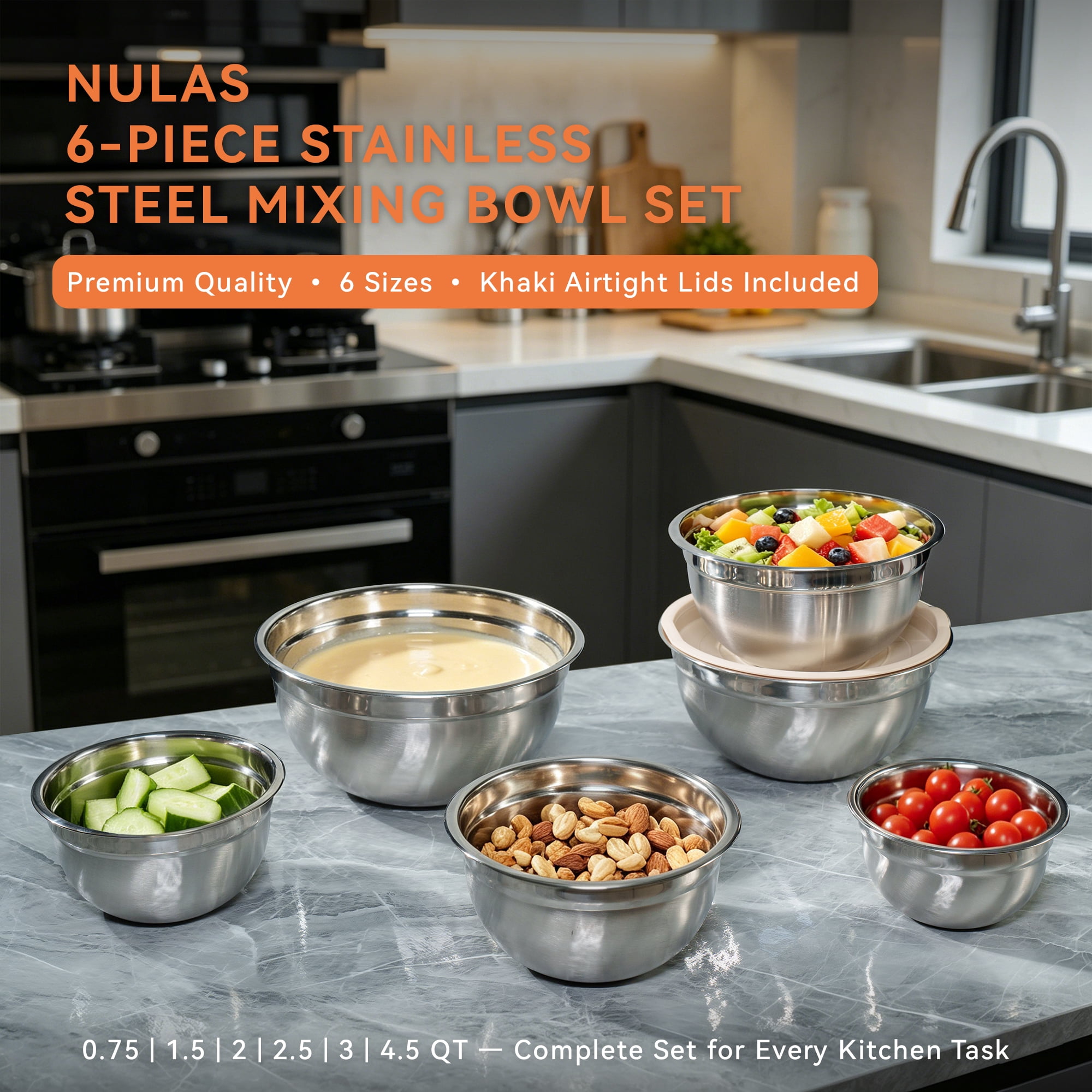 NULAS Stainless Steel Mixing Bowl Set with Airtight Lids, Nesting Kitchen Prep Bowls (Beige, 6-Piece Set) tqpq1