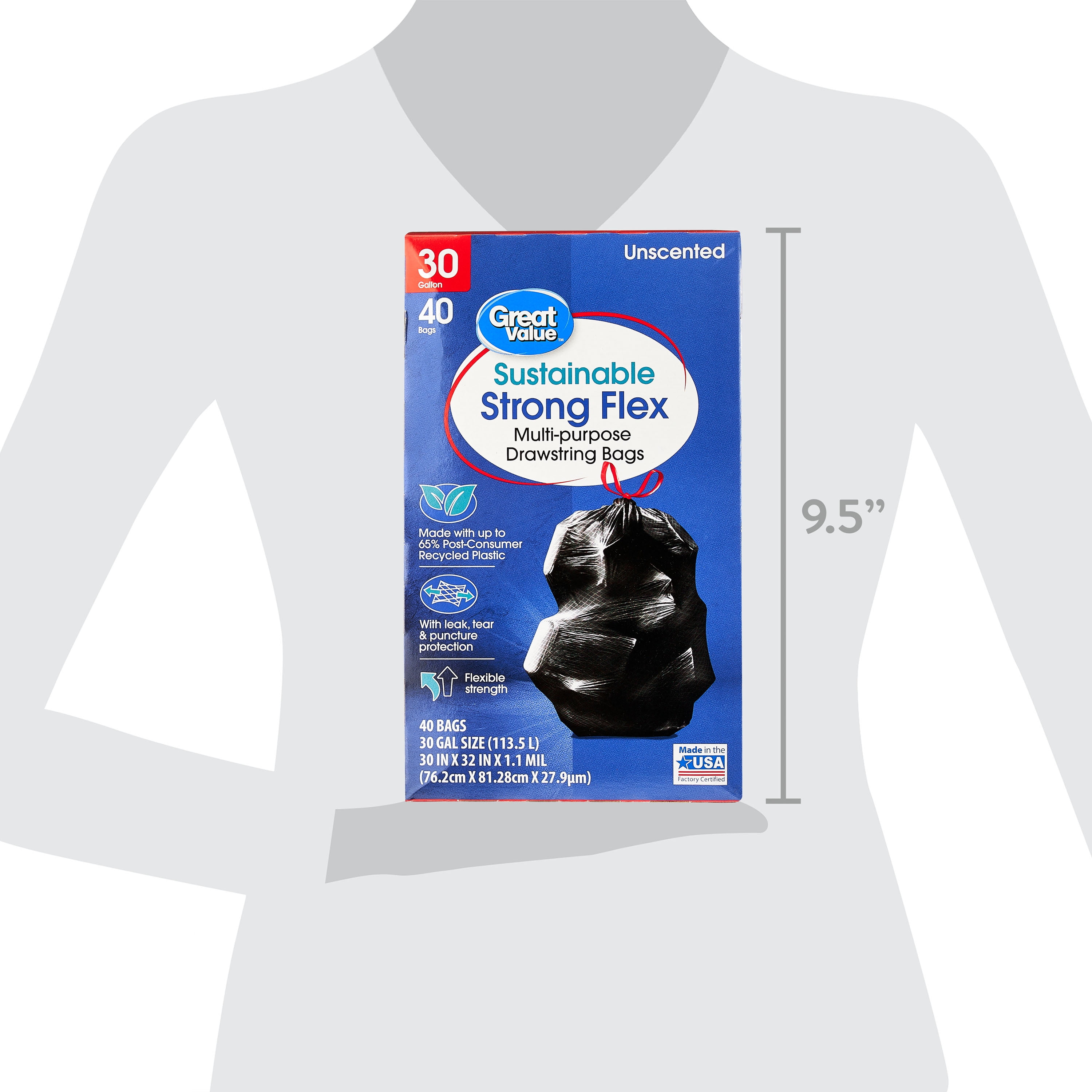 Great Value Sustainable Multi-Purpose Drawstring Trash Bags (30 Gallon, 40 Count) 67ois