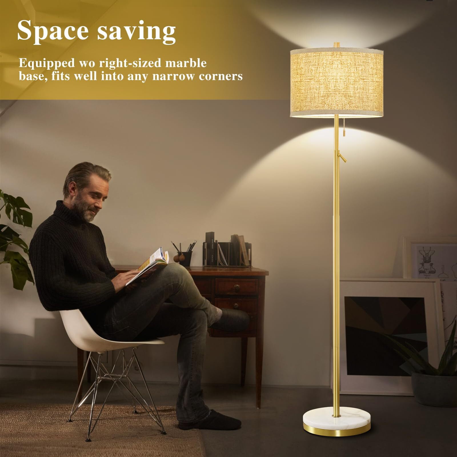 NATYSWAN Modern Floor Lamp with Marble Base, Adjustable Height Standing Lamp for Living Room and Bedroom (Gold, 55-64 in) 9fhm7
