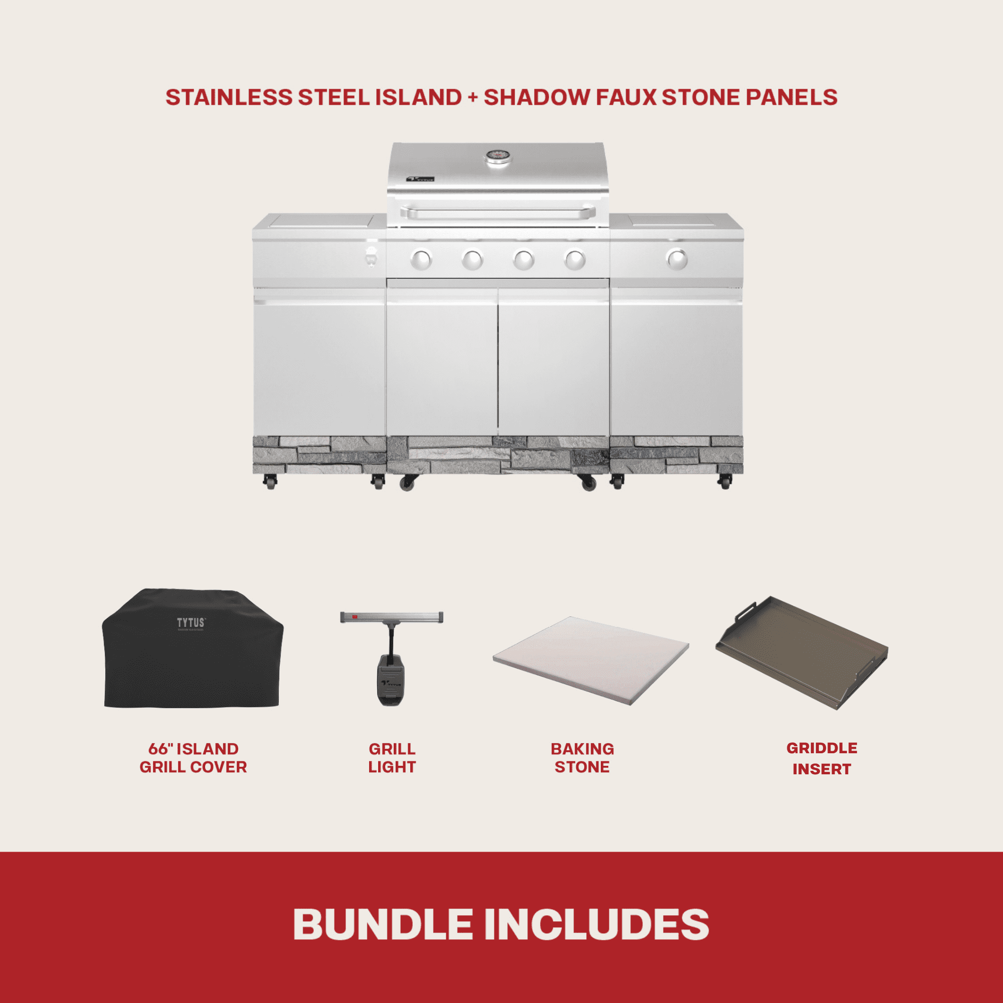 TYTUS Fresno 4-Burner Gas Grill Island Set with Cover, Griddle, Light, and Pizza Stone (Stainless Steel) q0xse