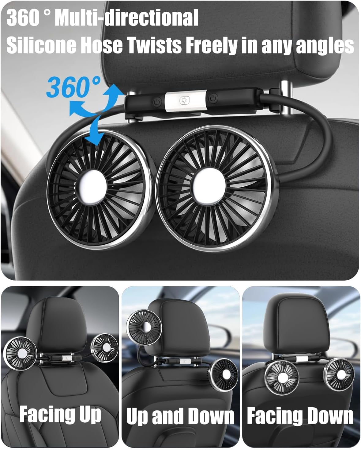 Prociv Dual Head Car Fan with LED Lights, 3-Speed USB Cooling Fan for Vehicles, 360 Degree Rotatable (Black, 1 Pack) 6v8zv