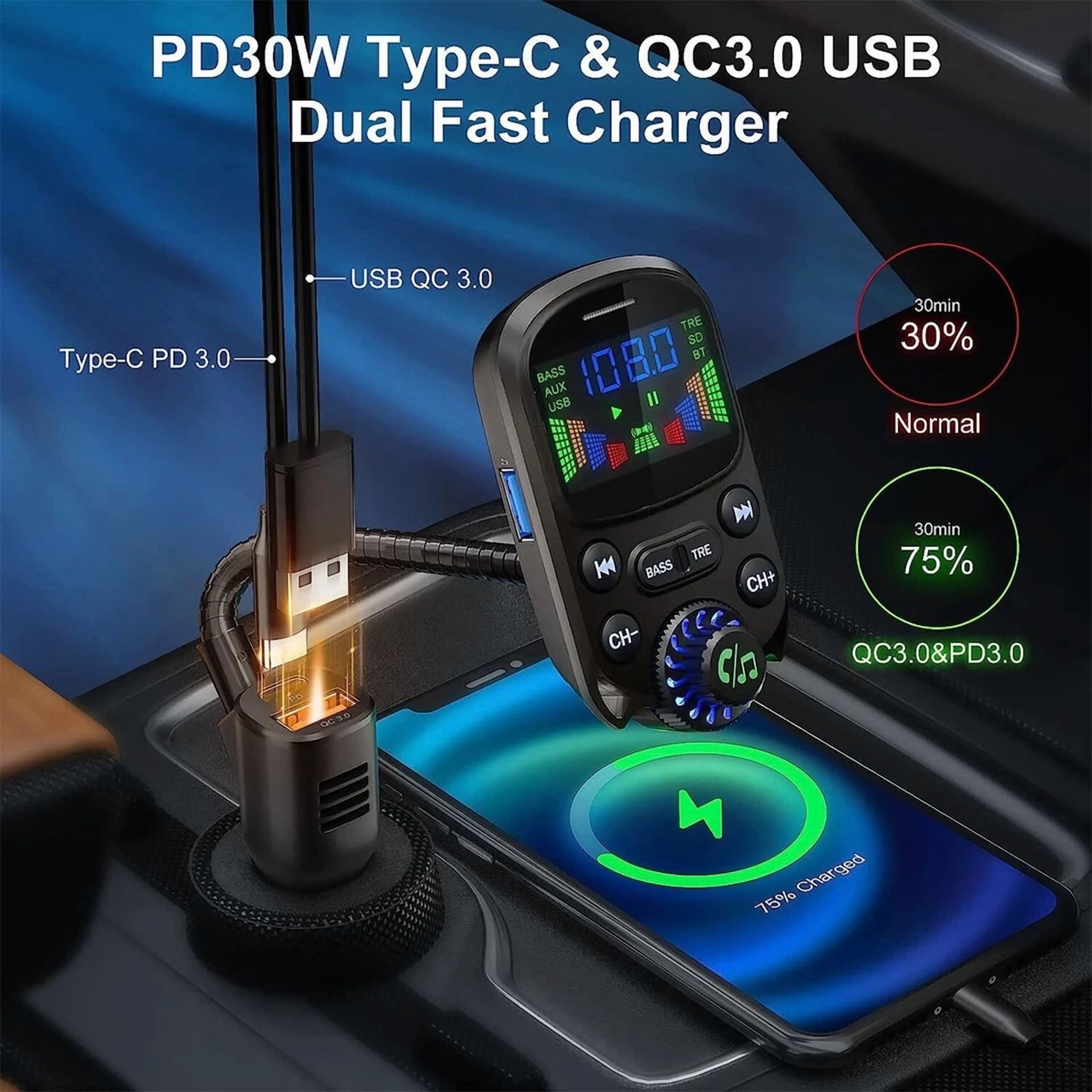 Rhea Car Bluetooth FM Transmitter Wireless Radio Adapter (3-Port Charger, Hands-Free Calling) 3y1td