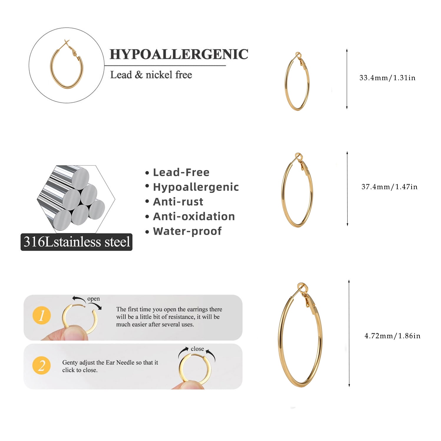 Nonsucheer Gold Stainless Steel Ellipse Hoop Earrings Set (3 Pairs, 0.79 in - 1.57 in) j8hue