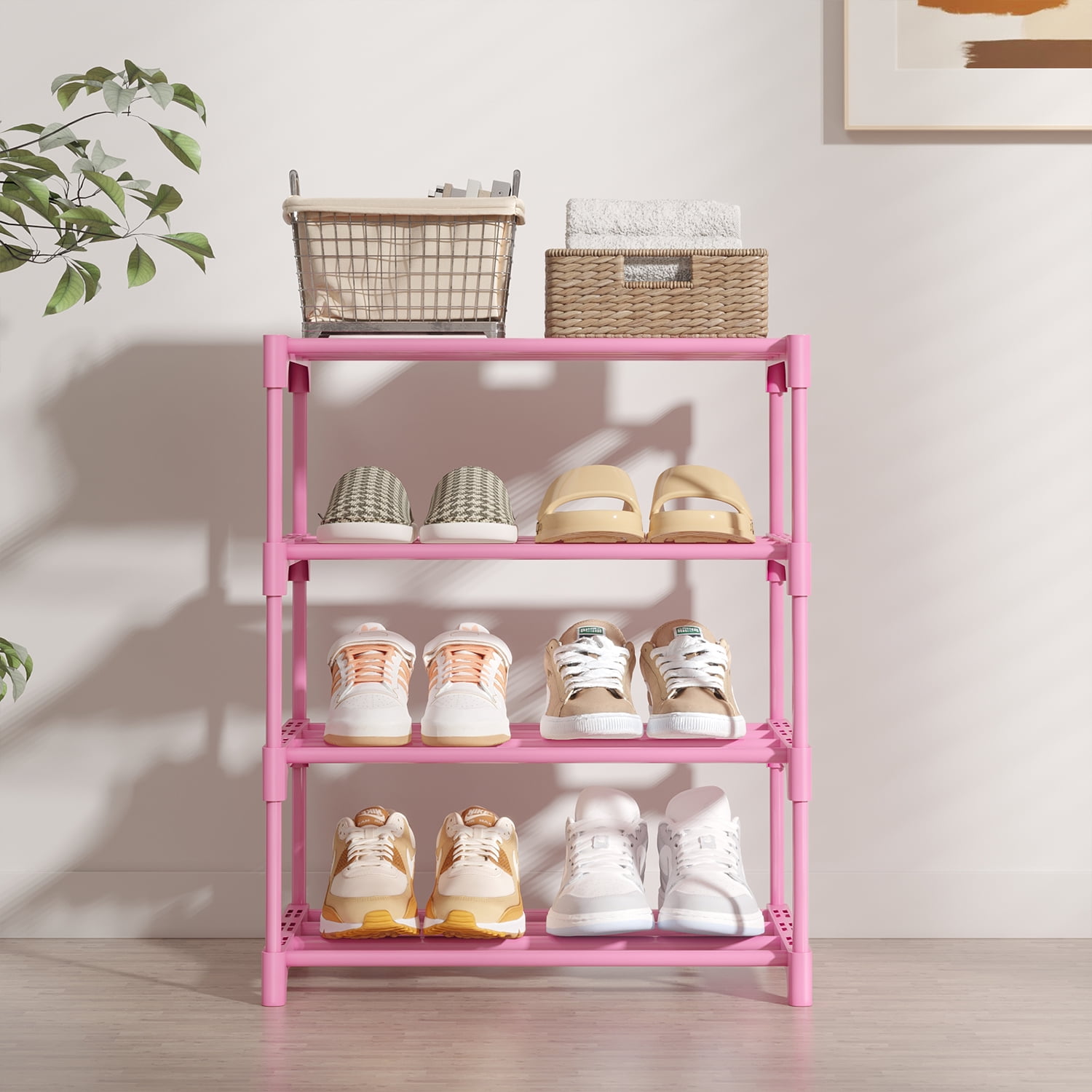 Bug Hull 4-Tier Narrow Shoe Rack, Stackable Metal Organizer Tower for Entryway (Pink, 11 in Depth) 1qz00