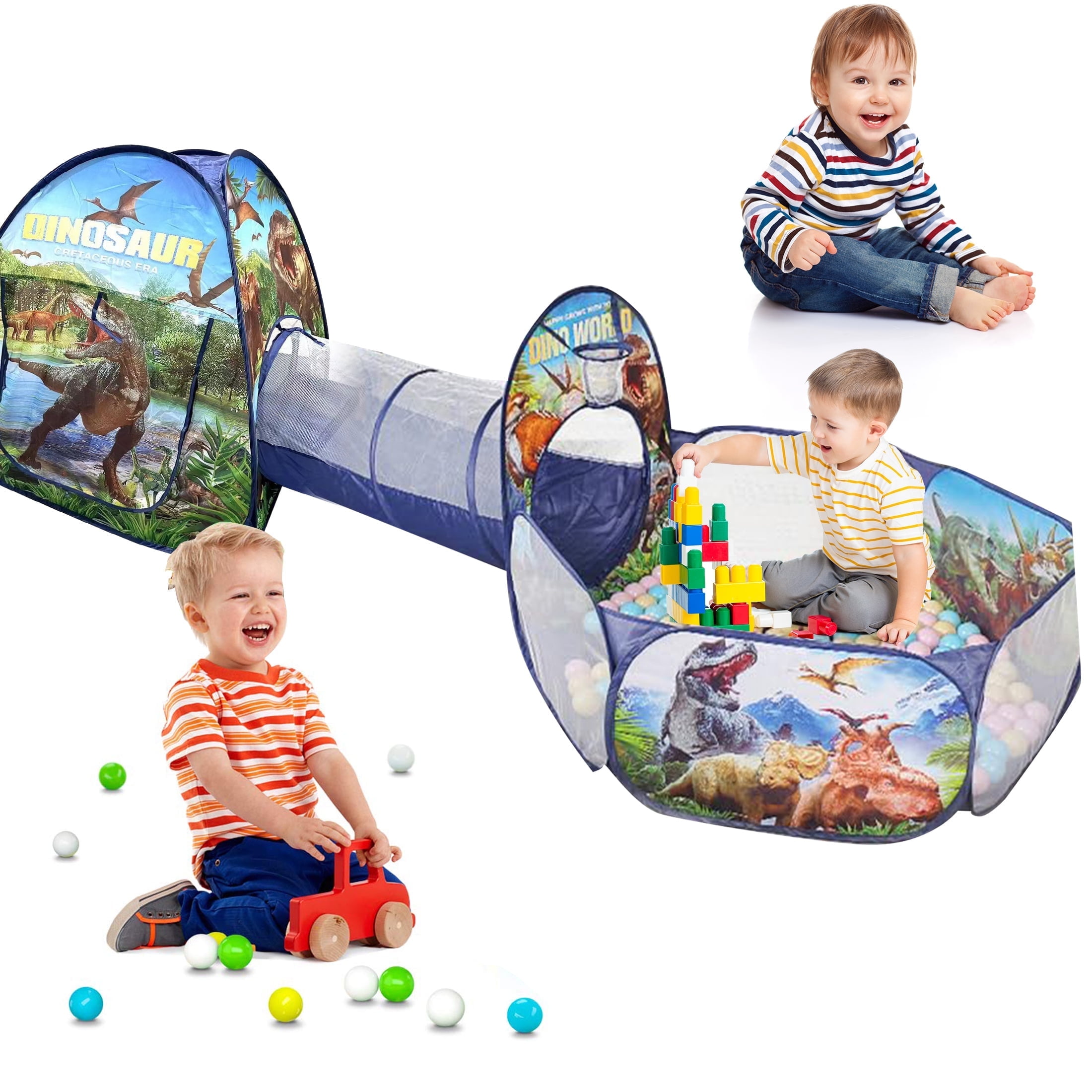 KOPPOP 3-in-1 Dinosaur Play Tent Set with Tunnel and Ball Pit for Indoor and Outdoor Use (Blue) viezn