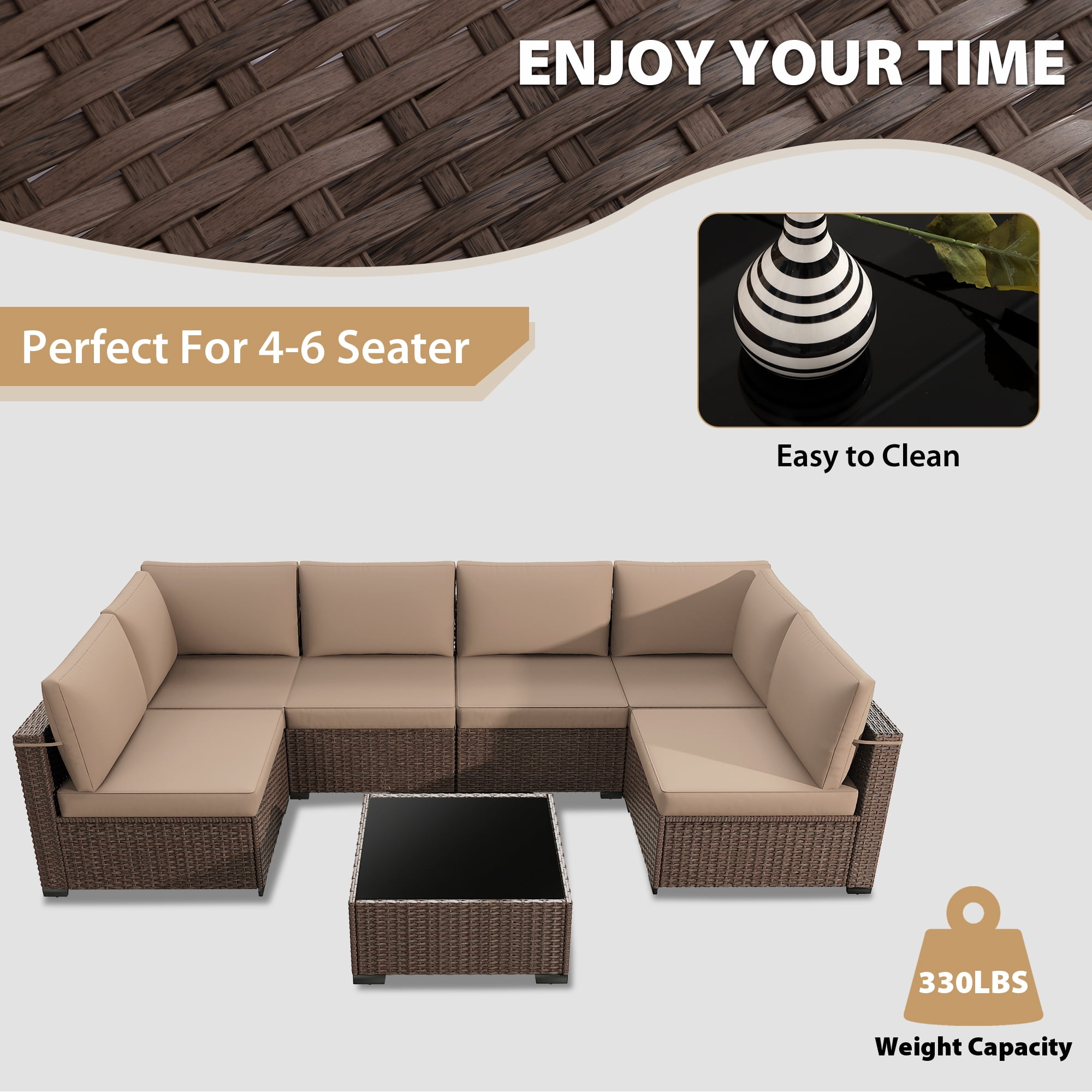 Kigoty 7-Piece Outdoor Patio Furniture Set, Wicker Rattan Sectional Sofa with Coffee Table (Brown, 7-Piece) qv5be