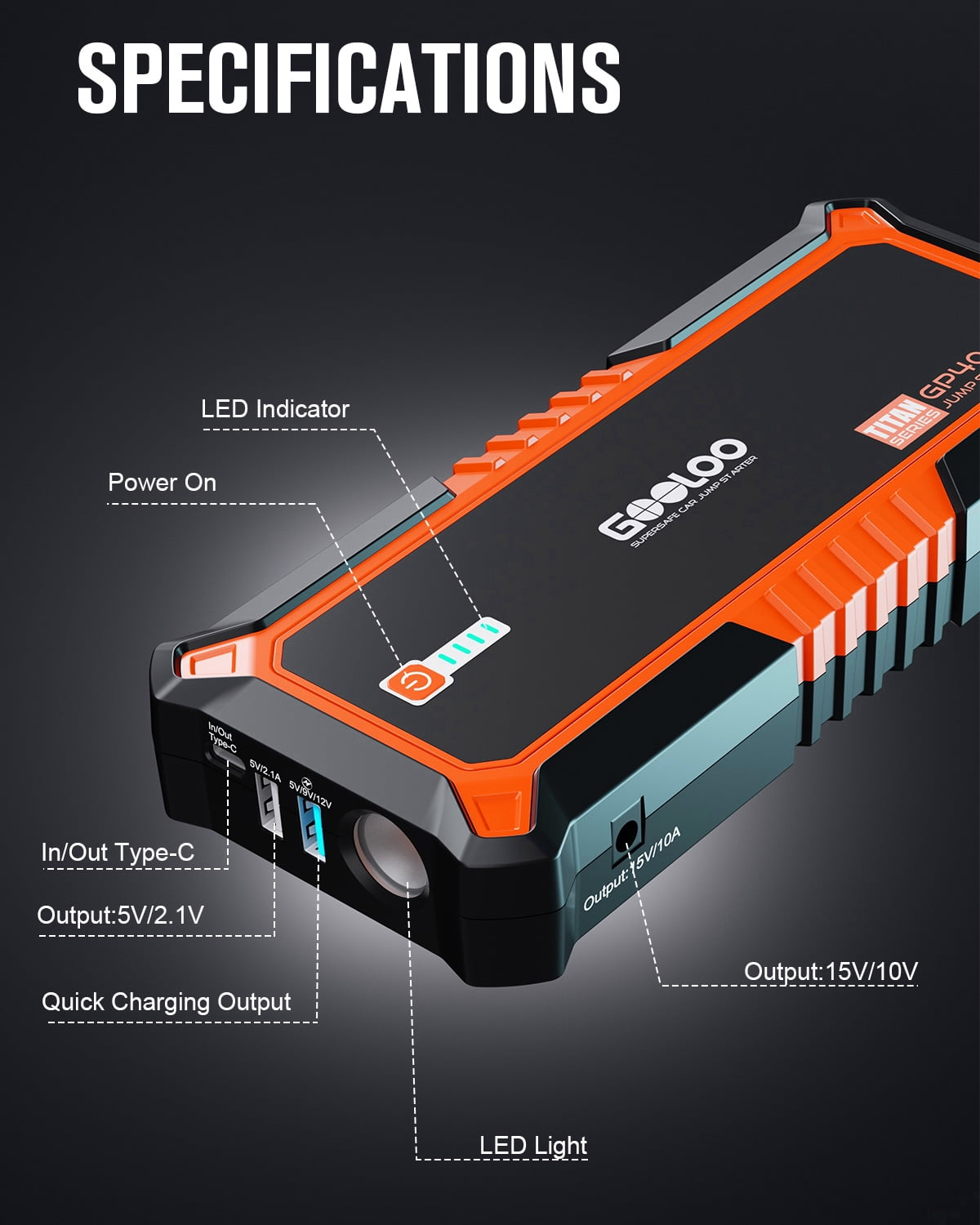 Gooloo GP4000 Portable Car Jump Starter (4000A Peak, 12V Battery Booster for Gas and 10.0L Diesel Engines) a7km3