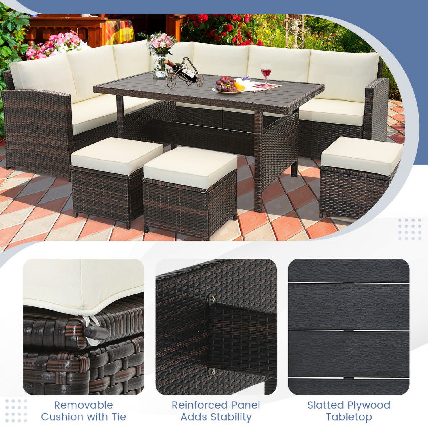 GVN 7-Piece Wicker Patio Furniture Set, Outdoor Sectional Sofa with Coffee Table (White, 7-Piece Set) w14mi