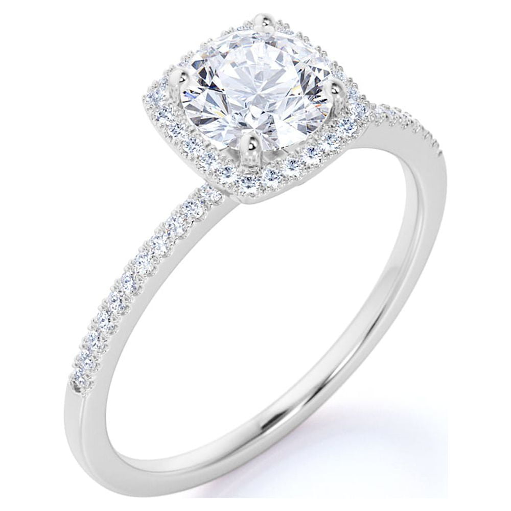 JeenMata Cushion Halo Engagement Ring 1 Carat Round Cut Moissanite Pave Prong Set (White Gold Plated, Size 7) p7hdp