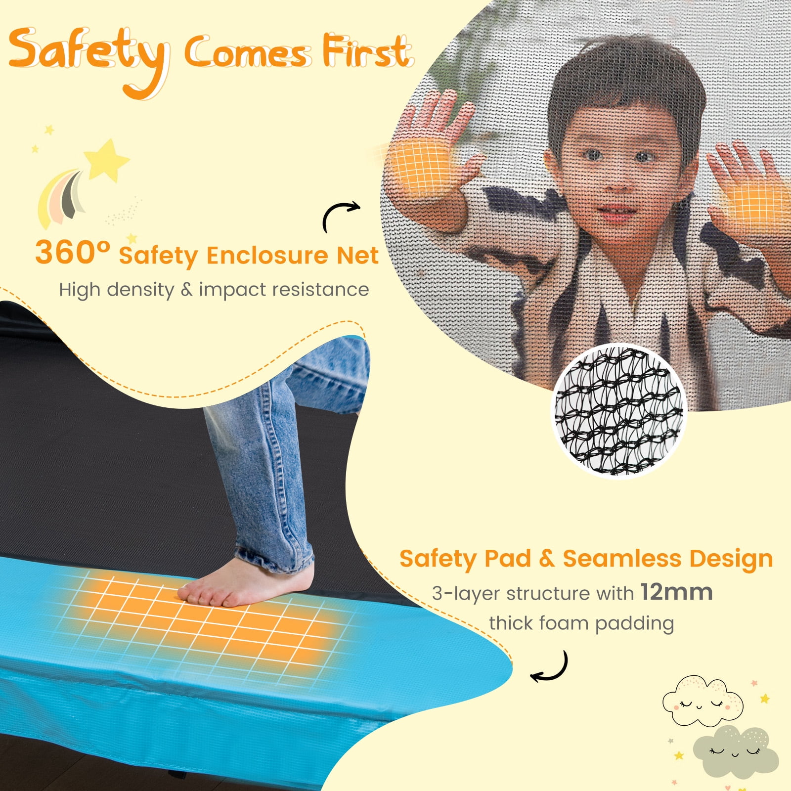 Topbuy 3-in-1 Kids Trampoline with Swing and Horizontal Bar (Yellow, 6 ft) gmhyd