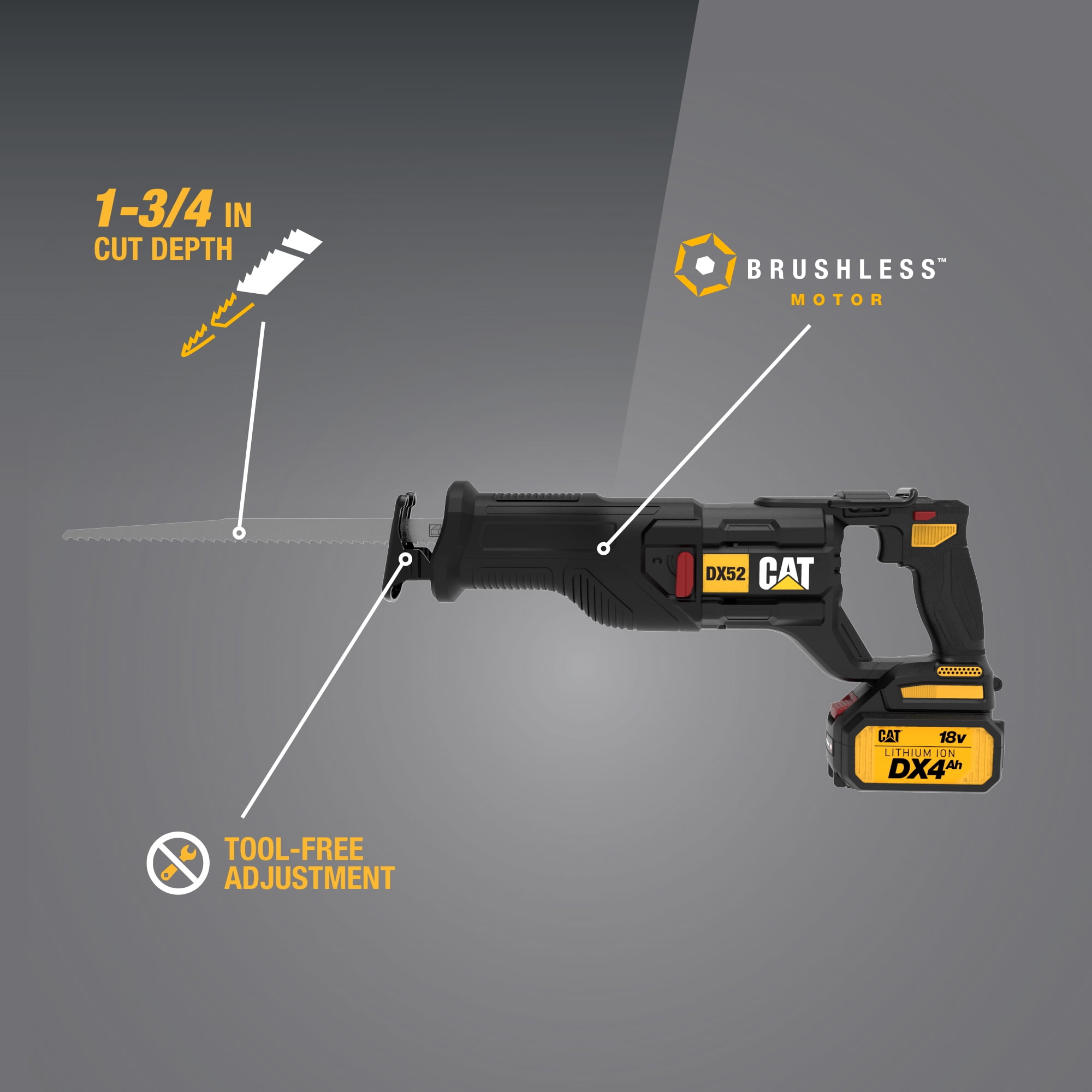 Caterpillar DX52 18V Cordless Brushless Reciprocating Saw with 4.0Ah Battery and Charger (1.19 in Stroke) 439vh