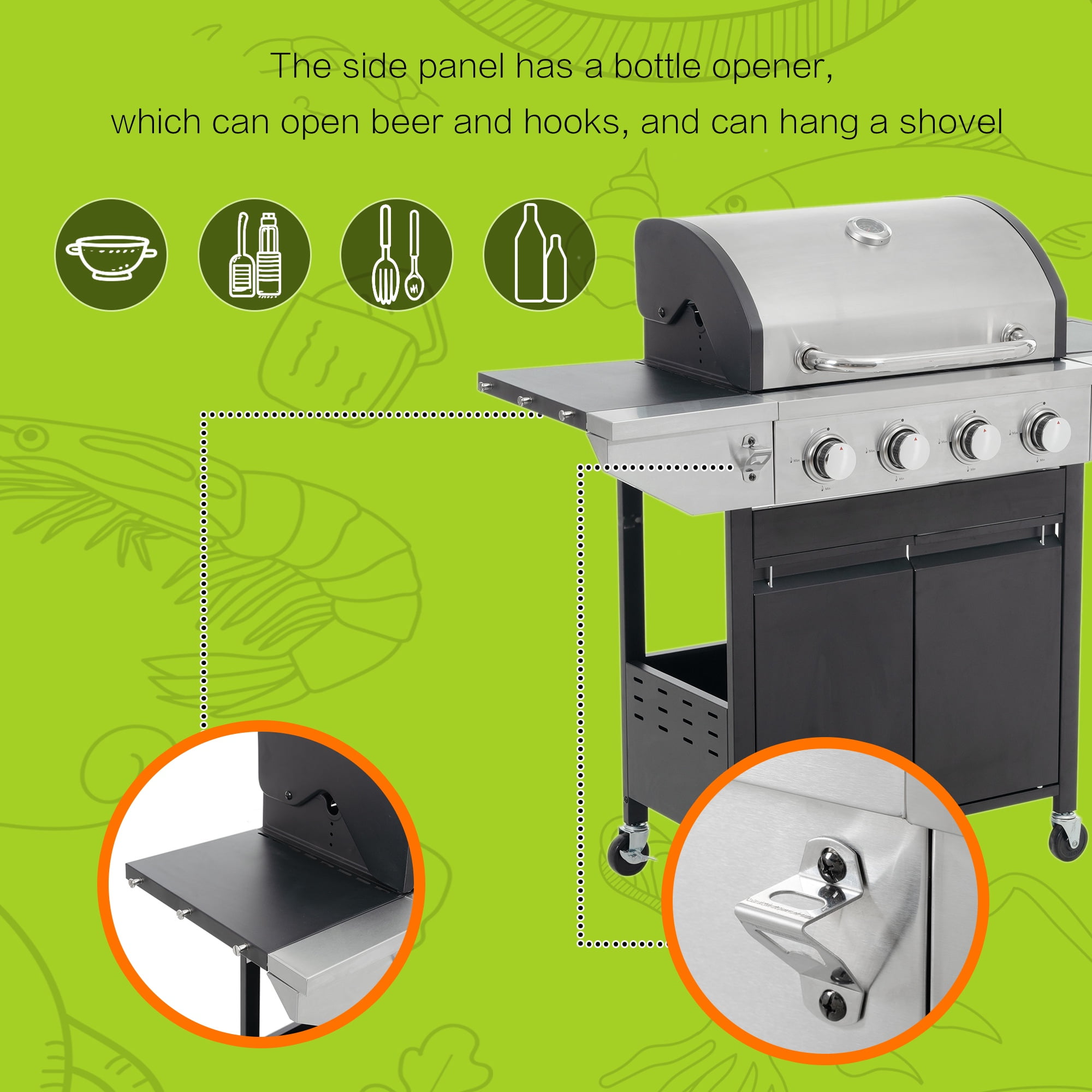 Yardmaster 4-Burner Propane Gas Grill with Side Burner, Stainless Steel Outdoor Barbecue Grill (Black and Silver, 47.2 in x 17.9 in x 45.2 in) 8kwzr