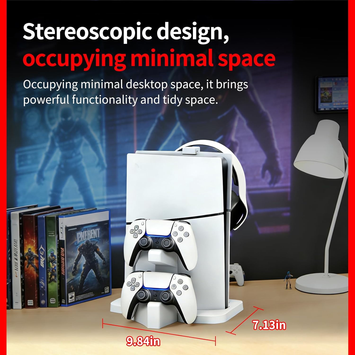 NBCP PS5 Slim Vertical Stand with Dual Controller Charger and Headphone Holder (White) 9f3o8