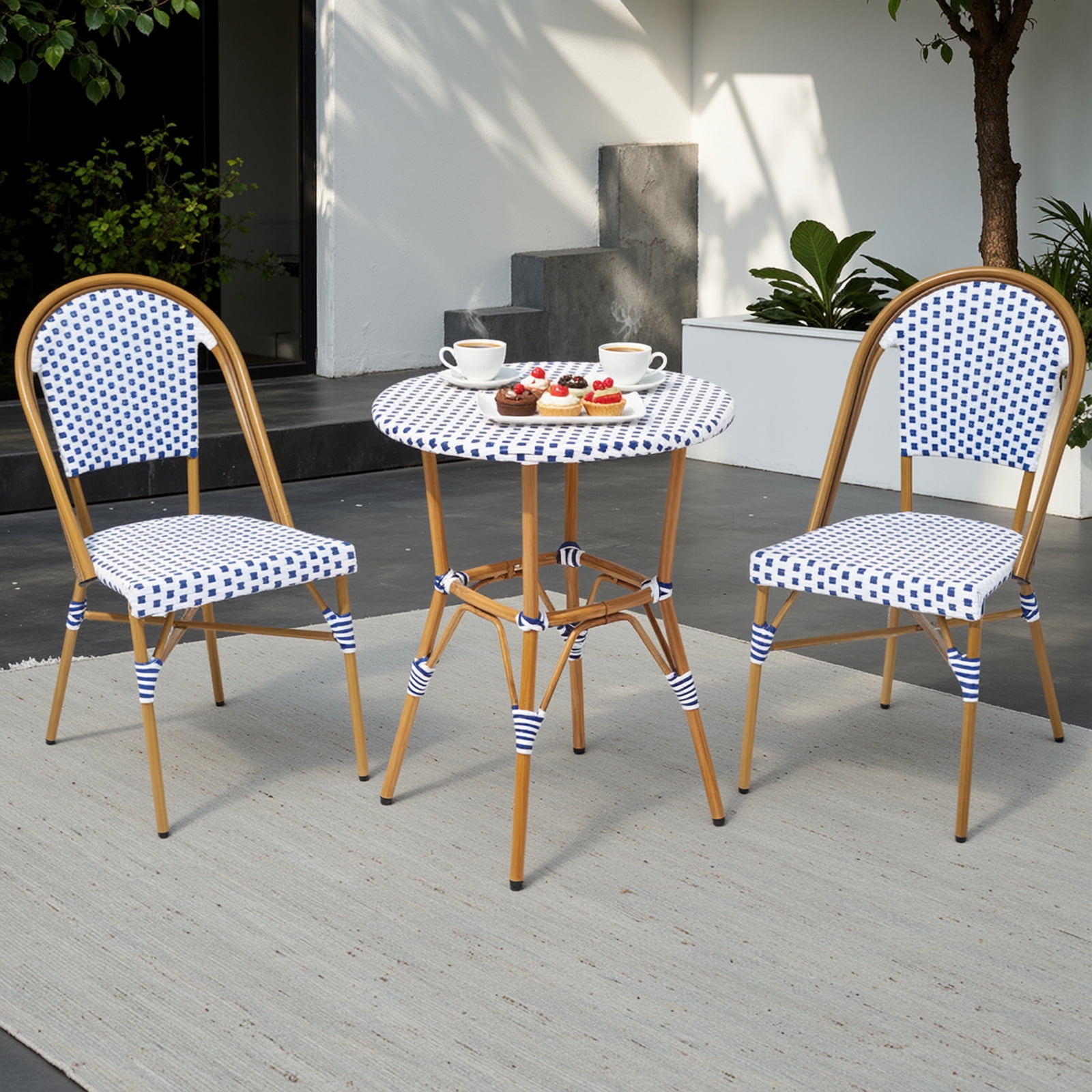 Dovov 3-Piece French Bistro Set, Outdoor Wicker Patio Table and 2 Chairs, Weather-Resistant Aluminum Frame (White, 3-Piece Set) 17ic1