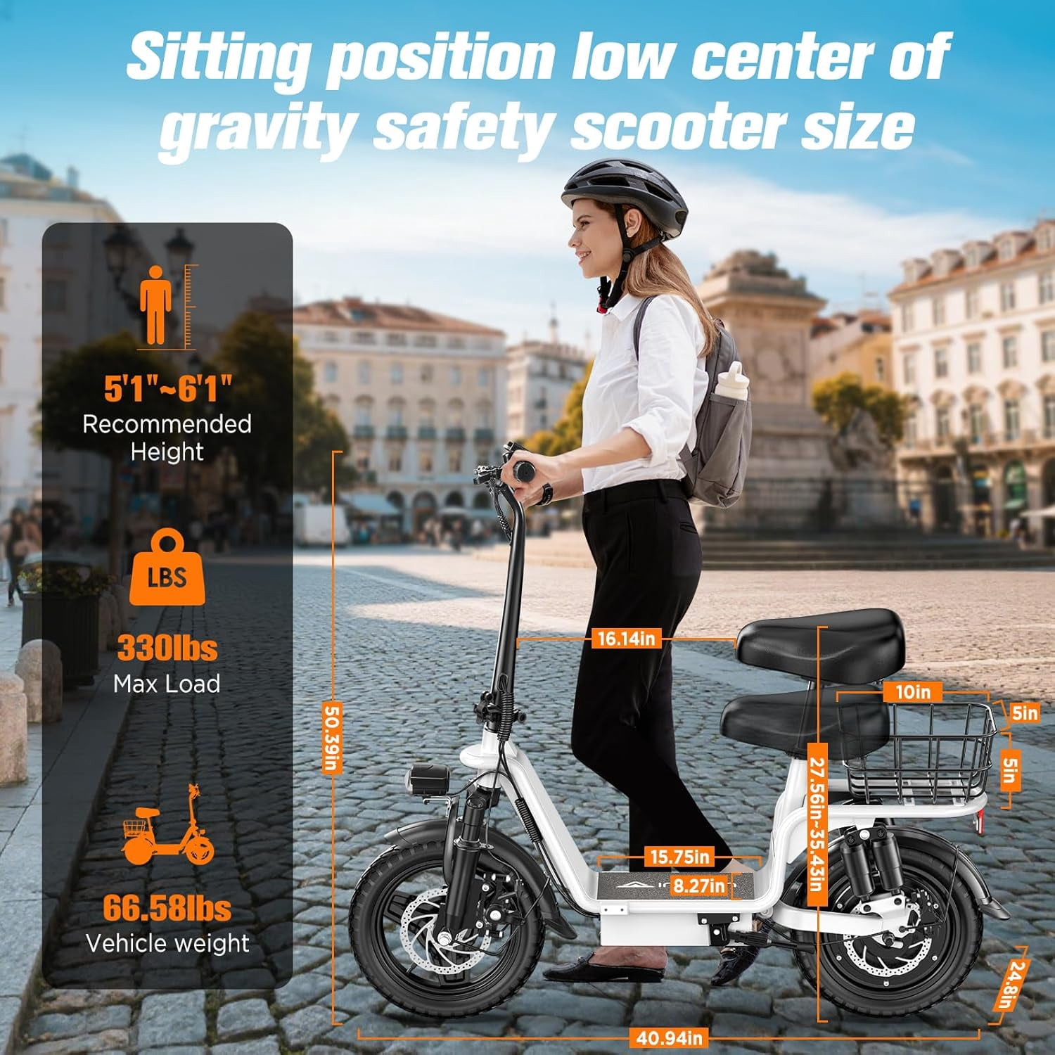INSDRGN Electric Scooter for Adults with Seat, 900W Motor, 20MPH Speed, 28 Miles Range (White, 330 lb Capacity) h6bdw