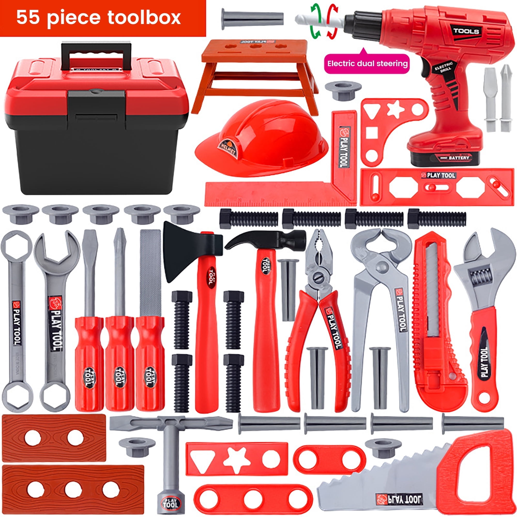 ALLJOY 55pcs Kids Construction Tool Set with Electronic Toy Drill and Storage Case (Red, 55 Piece Set) o651s