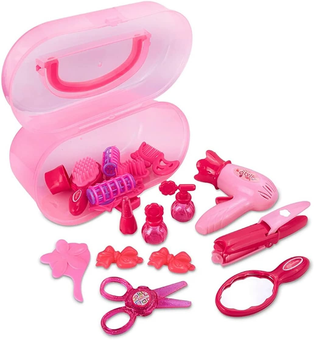 Rirool Pretend Play Makeup and Hair Salon Activity Set with Portable Carrying Case (Pink, 17-Piece Set) s7s60