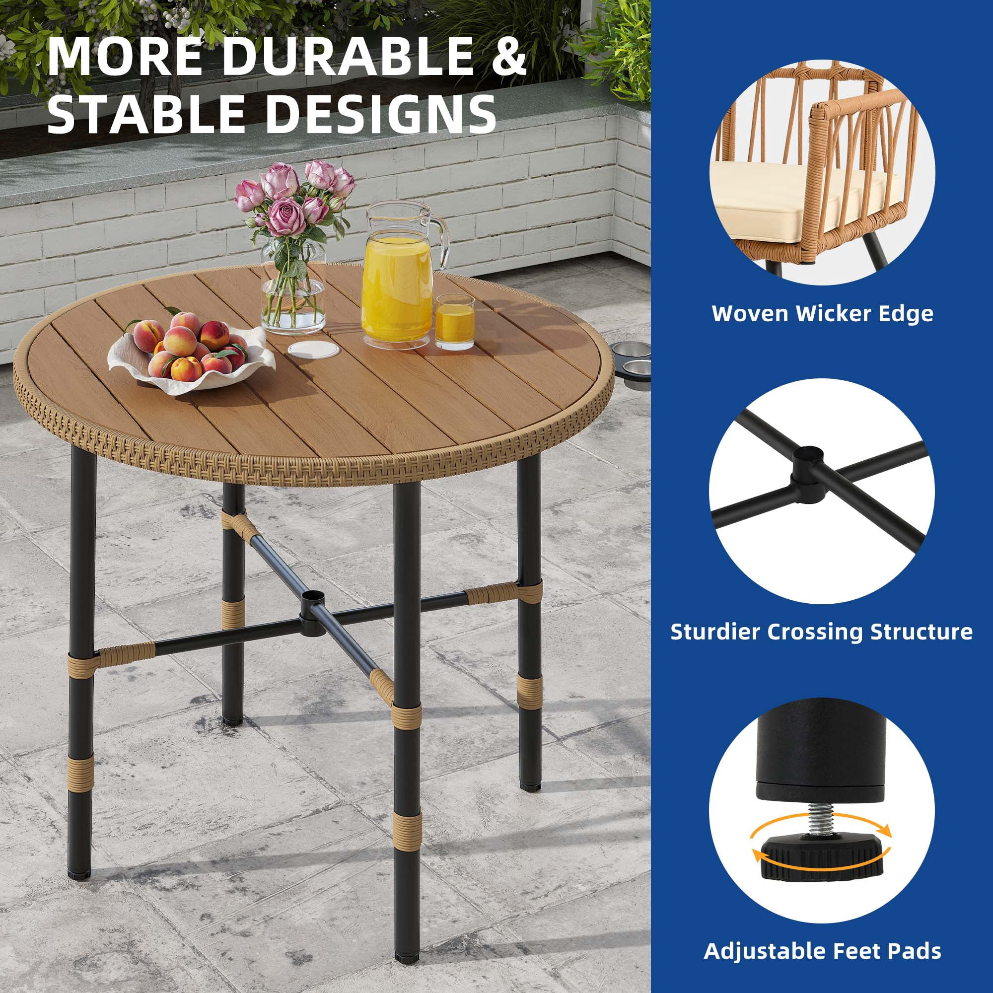 Uforic 5-Piece Outdoor Patio Dining Set, Rattan Wicker Chairs and Round Table with Umbrella Hole (Beige, 5-Piece Set) w85un