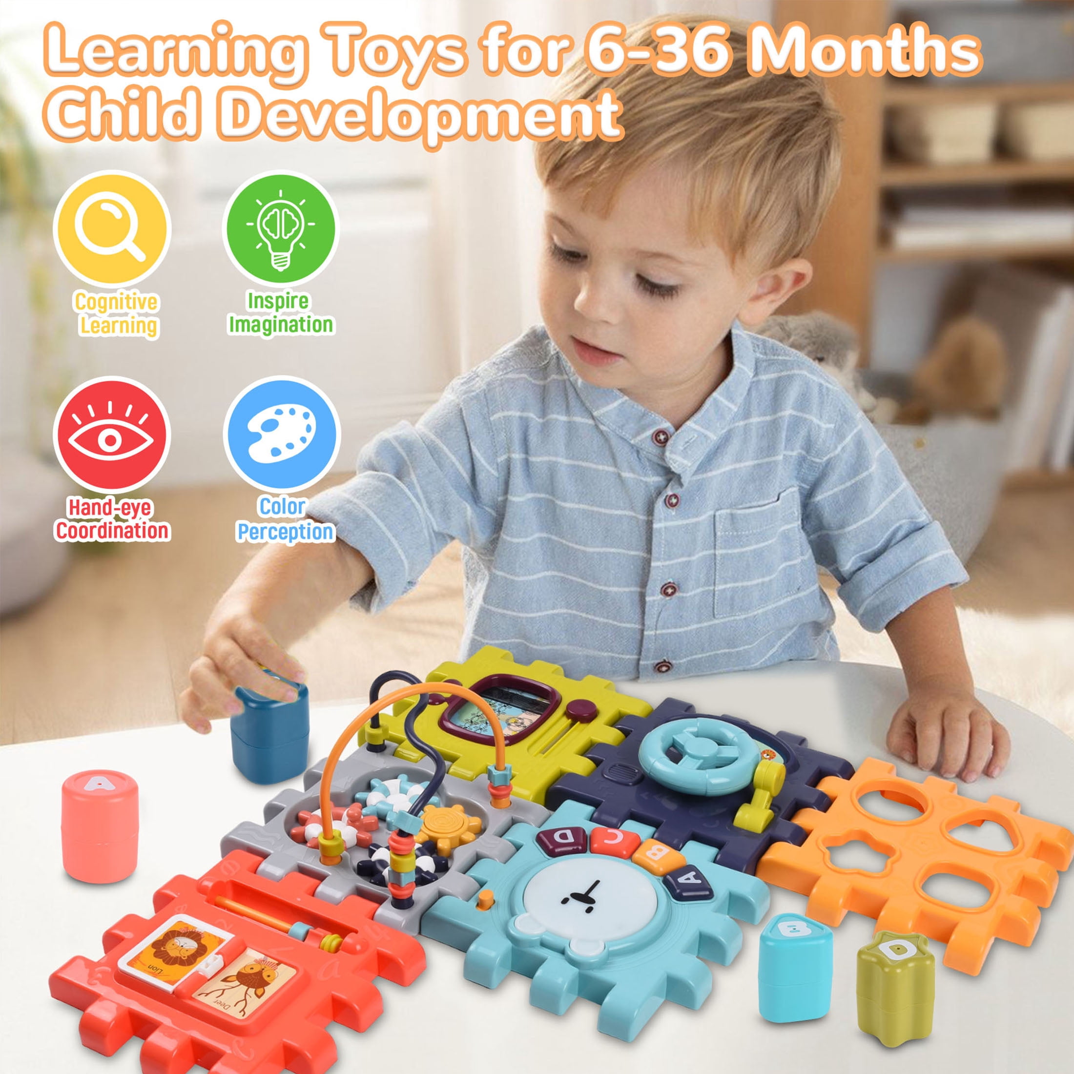 Vomeast 6-in-1 Montessori Activity Cube, Educational Learning Toy for Toddlers, Interactive Music & Shape Sorting (Multicolor, 7.0 x 7.0 x 10.9 in) 02d07