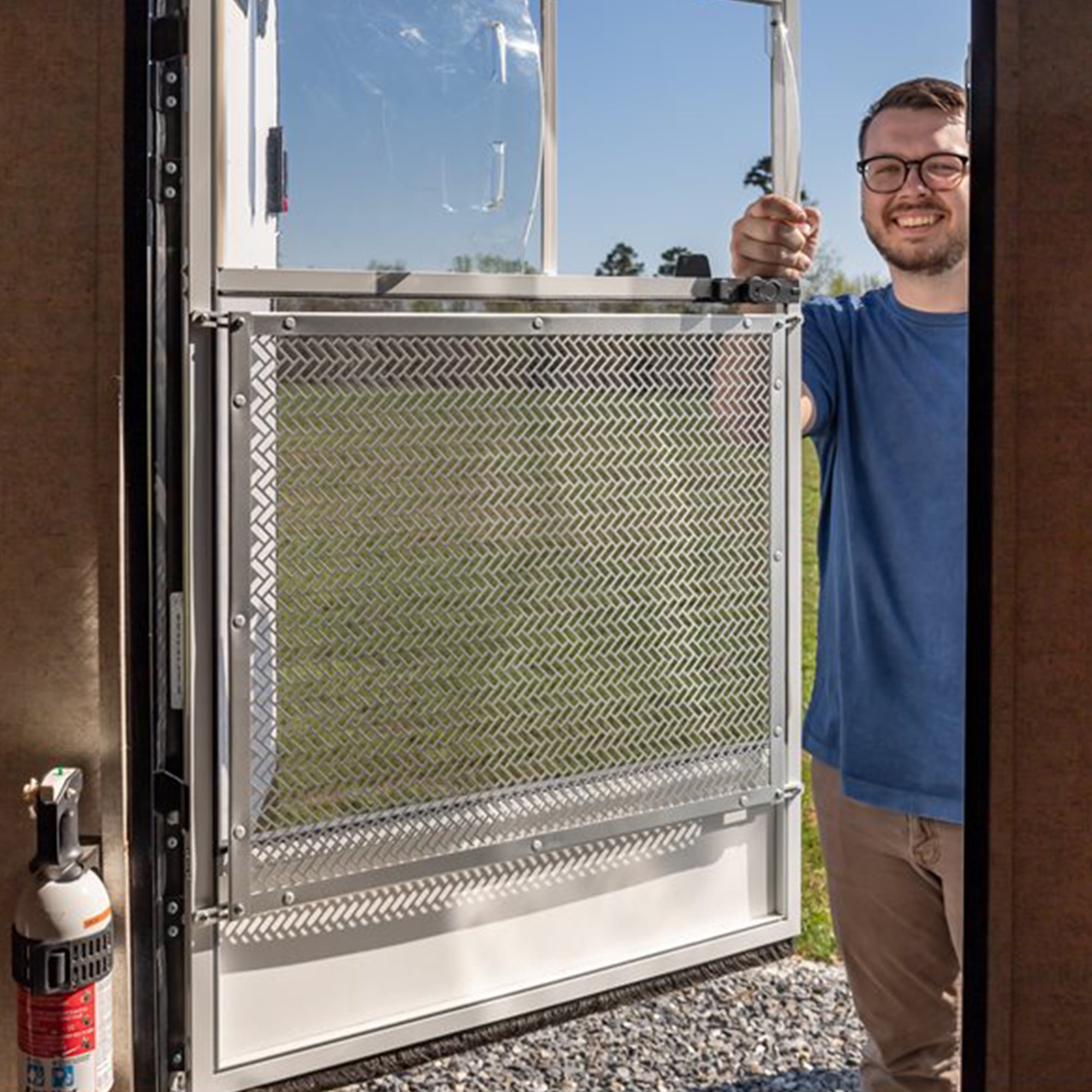 Camco Premium RV Screen Door Grille, Heavy-Duty Aluminum Protective Guard (Silver, 20 in to 29 in) e4ha3