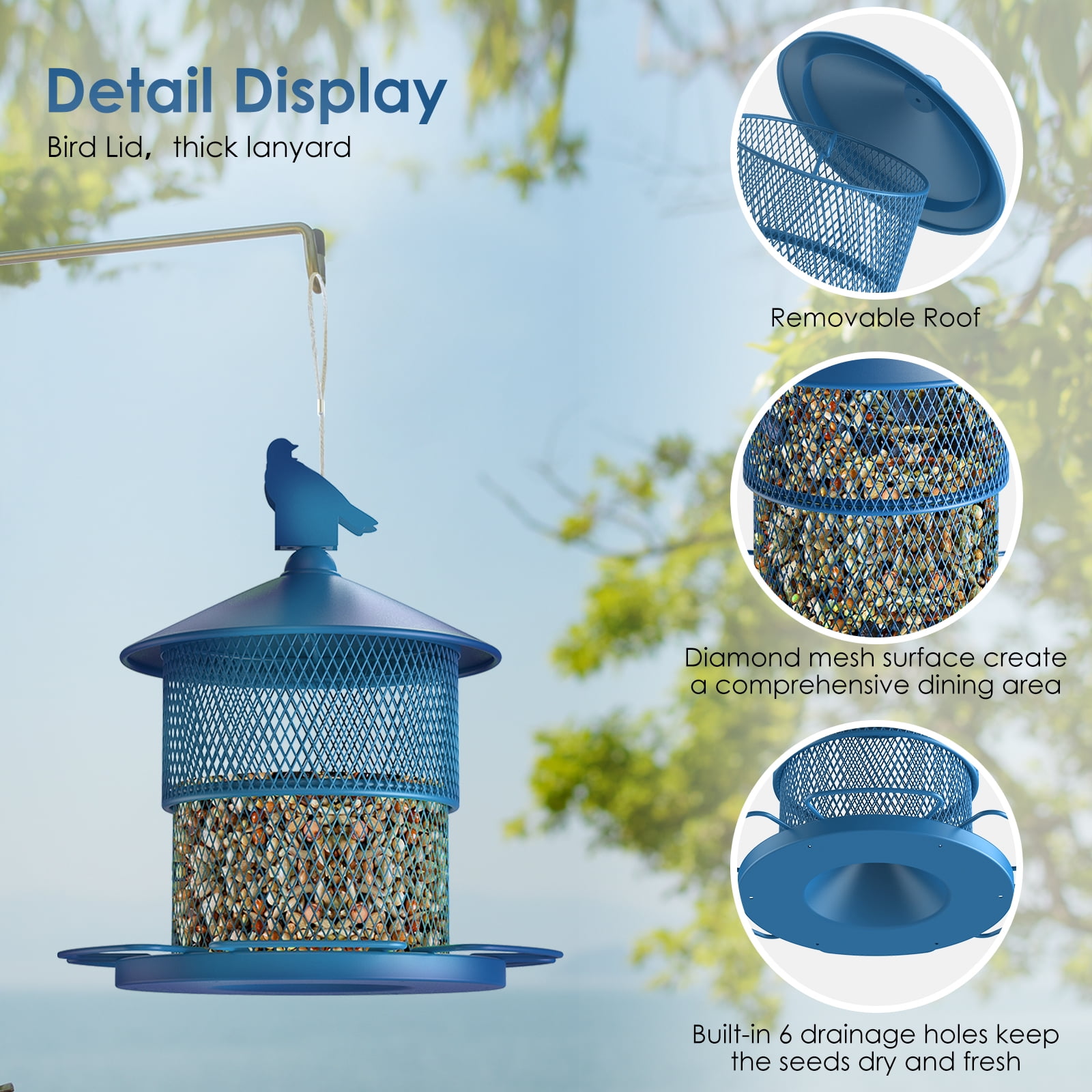 Digipettor Metal Wild Bird Feeder, Squirrel-Proof Hanging Seed Feeder for Garden and Yard (Blue, 4 lb) oarpn