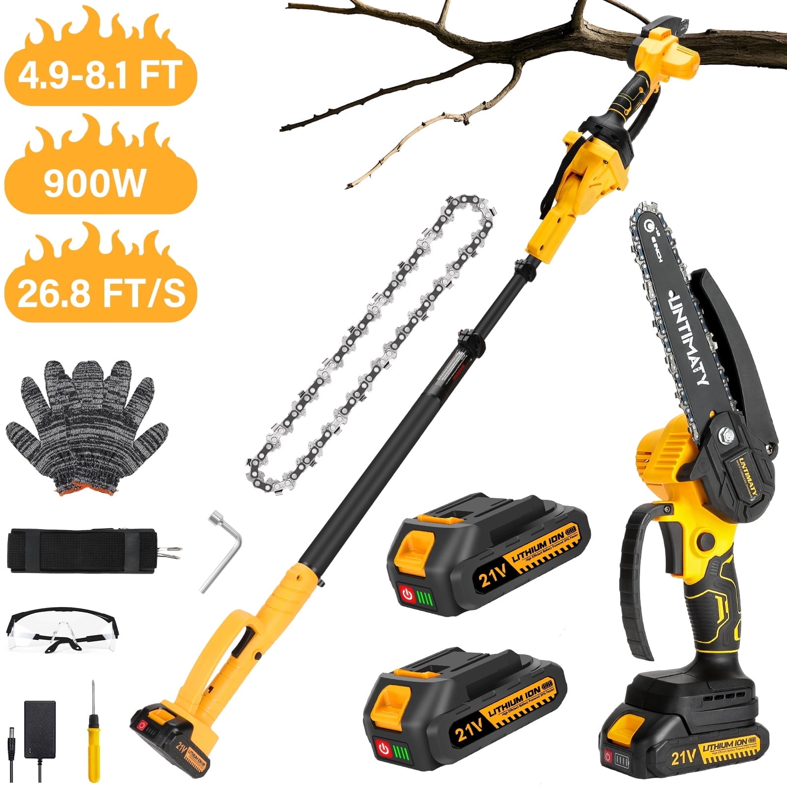 UMTIMATY Cordless Pole Saw, 6 Inch Brushless Mini Chainsaw with 14.1 FT Extension Pole (Yellow, 2 x 2.0Ah Batteries) wr6tj