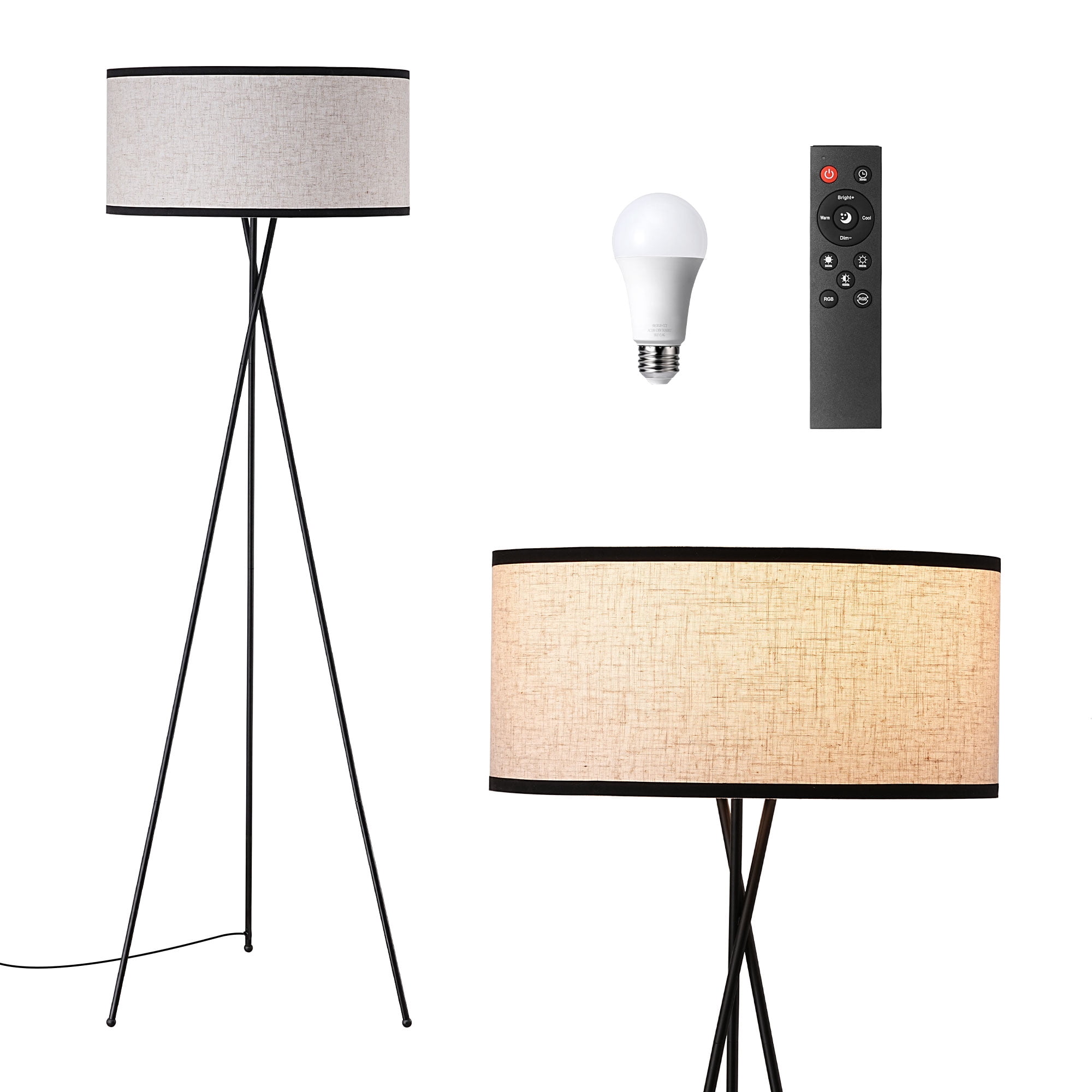 EDISHINE Tripod Floor Lamp with Remote and APP Control, Modern Dimmable LED Standing Lamp with RGB Bulb and Flaxen Linen Shade (Black, 66.9 in) nujo4