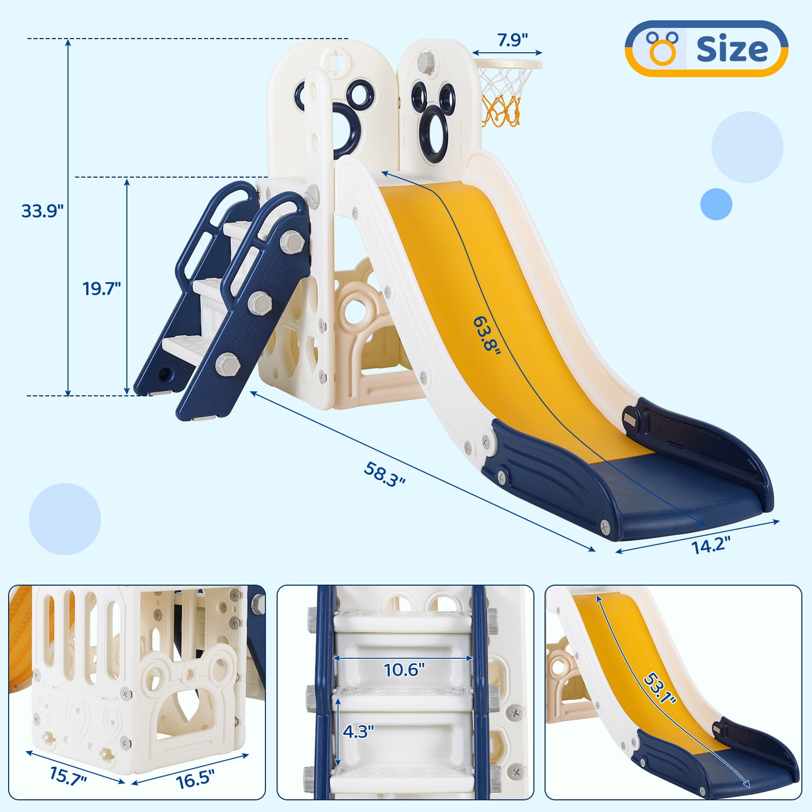 Arlopu 4-in-1 Toddler Slide and Climber Playset with Basketball Hoop (Blue, 60 in L x 18 in W x 30 in H) h7hyo