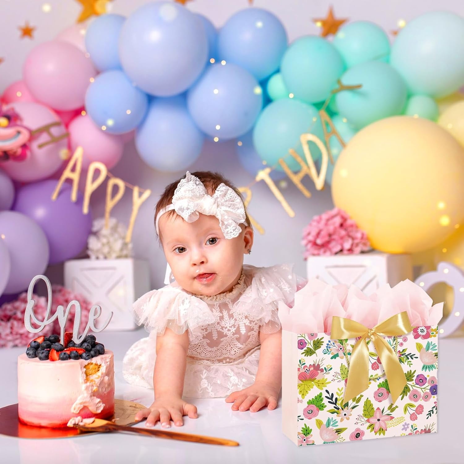LW Pink Birthday Gift Bag Set with Tissue Paper and Greeting Cards (Floral Design, Medium, 2 Pack) 45zc4
