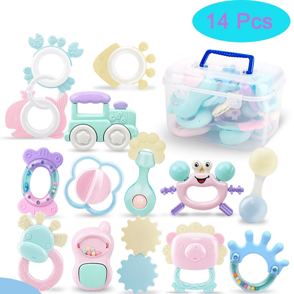 VONGEM Baby Rattle and Teether Toy Set, Sensory Development Toys for Infants, BPA-Free Silicone Teething Relief (14 Pieces) 04zcc